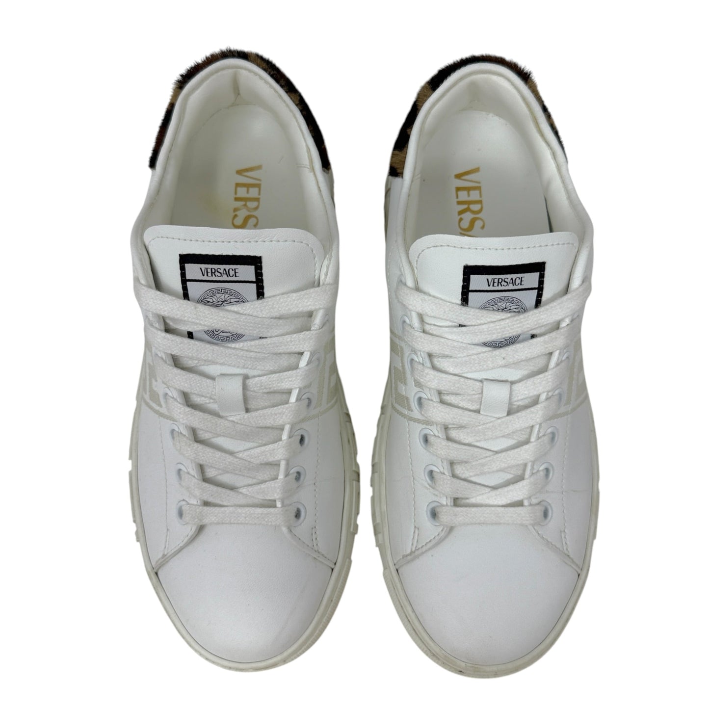 Greca Leopard Embroidered Sneakers Luxury Designer By Versace In White, Size: 7.5