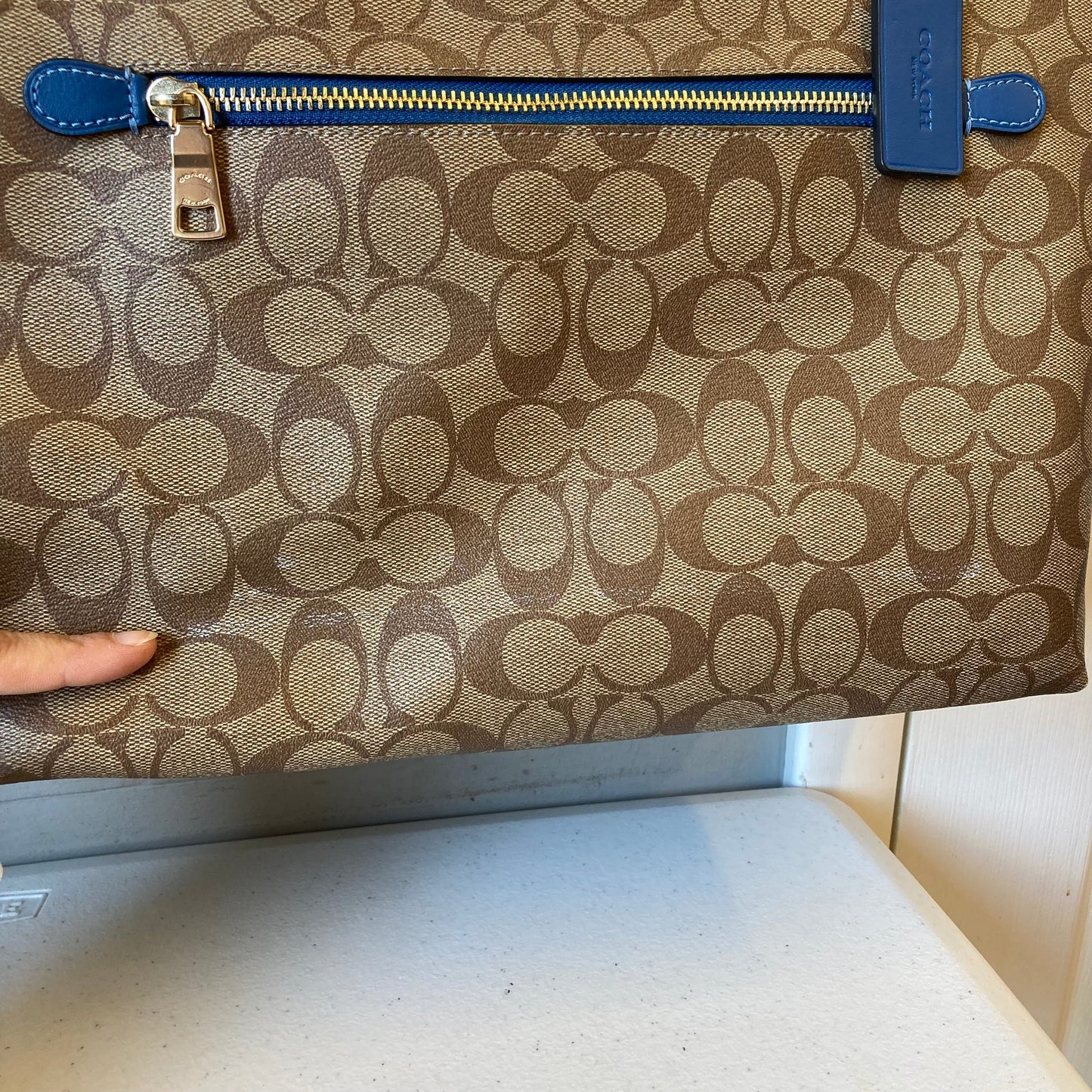 Tote Designer By Coach In Blue & Brown, Size:Large