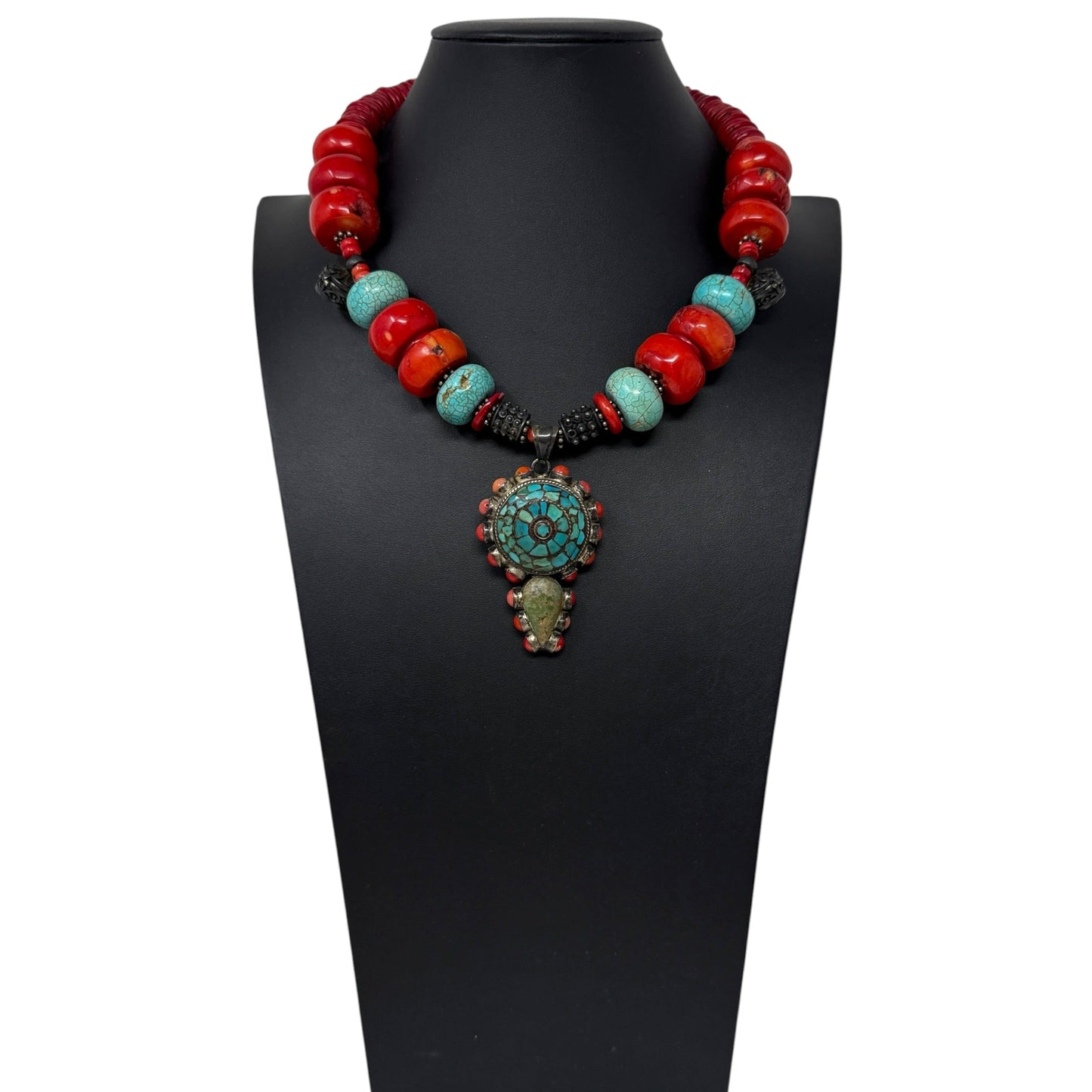 Himalayan Tibetan Sterling Silver, Turquoise & Coral Beaded Statement Necklace
