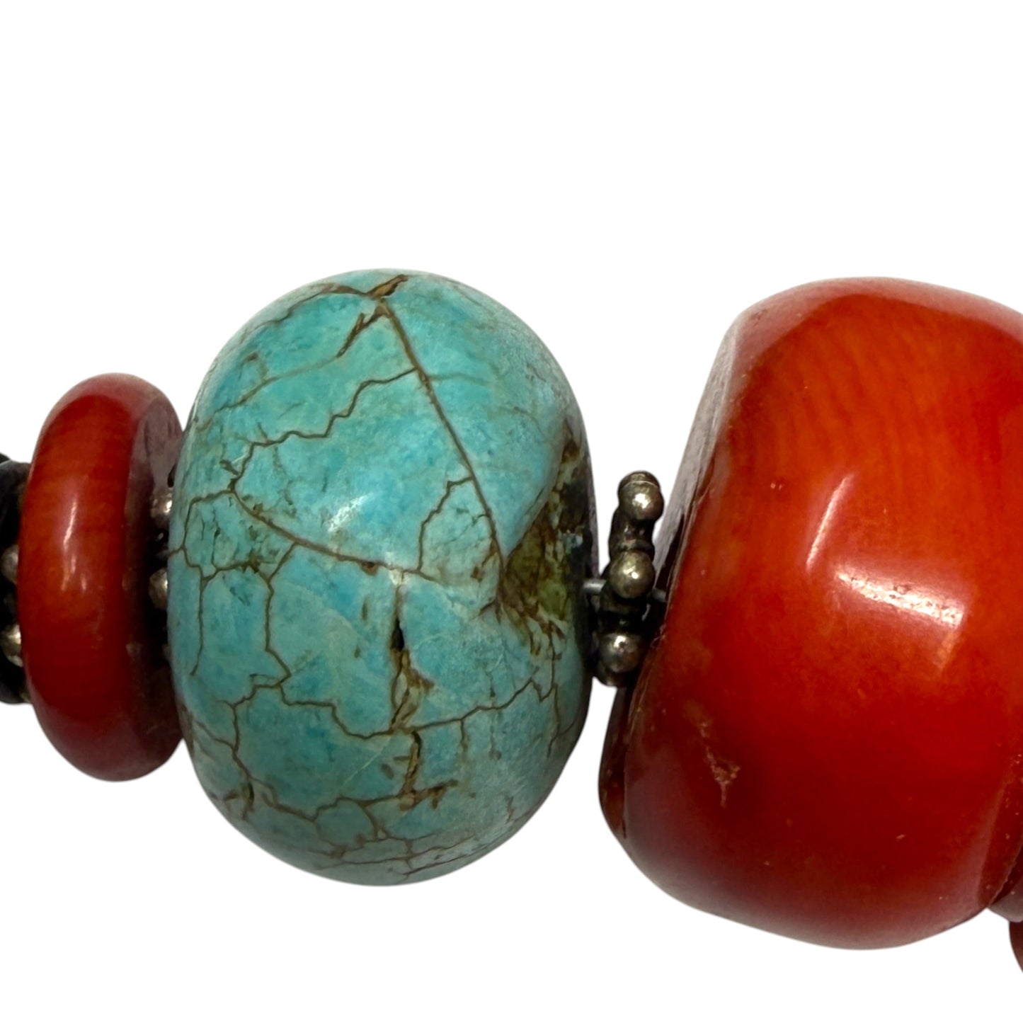 Himalayan Tibetan Sterling Silver, Turquoise & Coral Beaded Statement Necklace