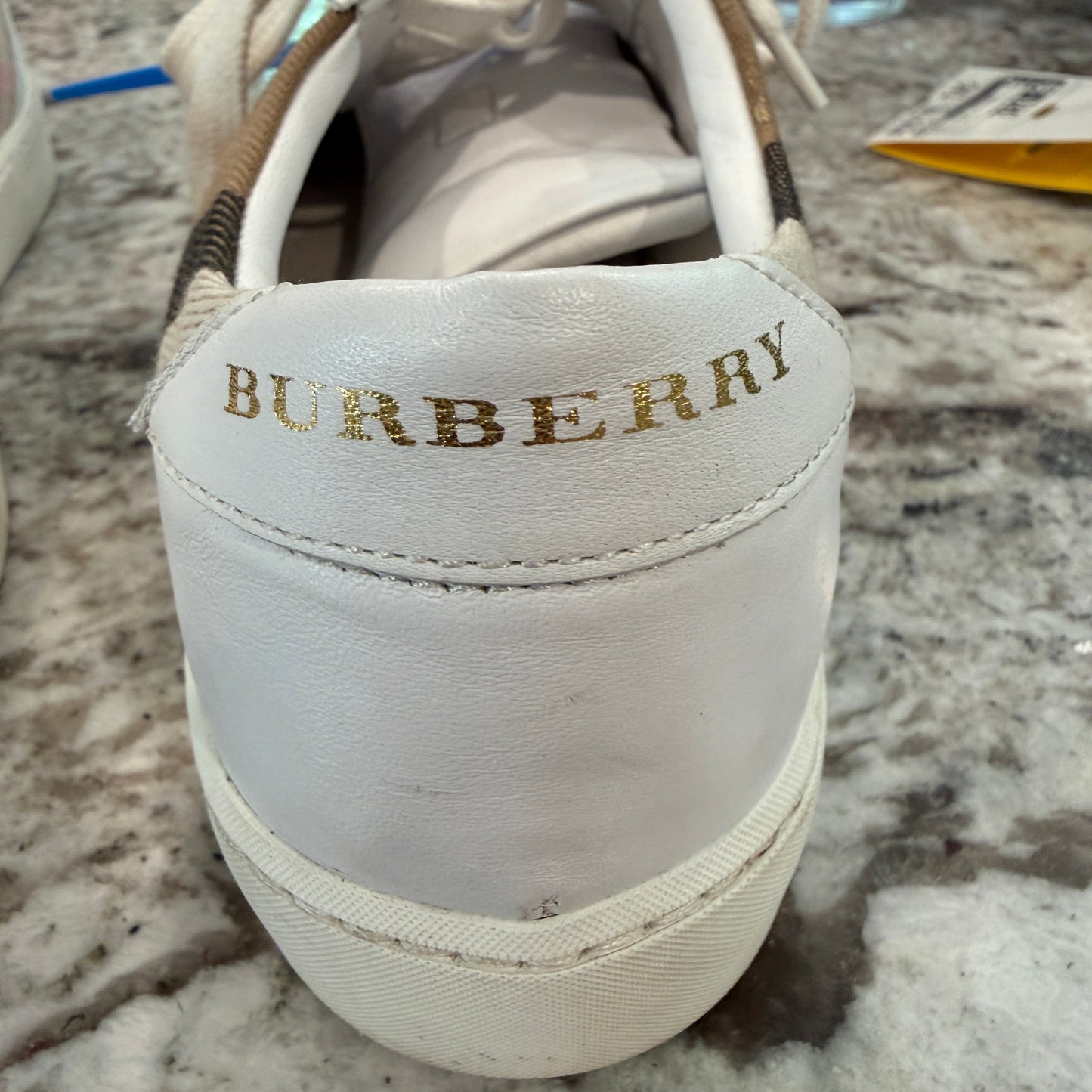 Shoes Luxury Designer By Burberry In Brown & White, Size: 7