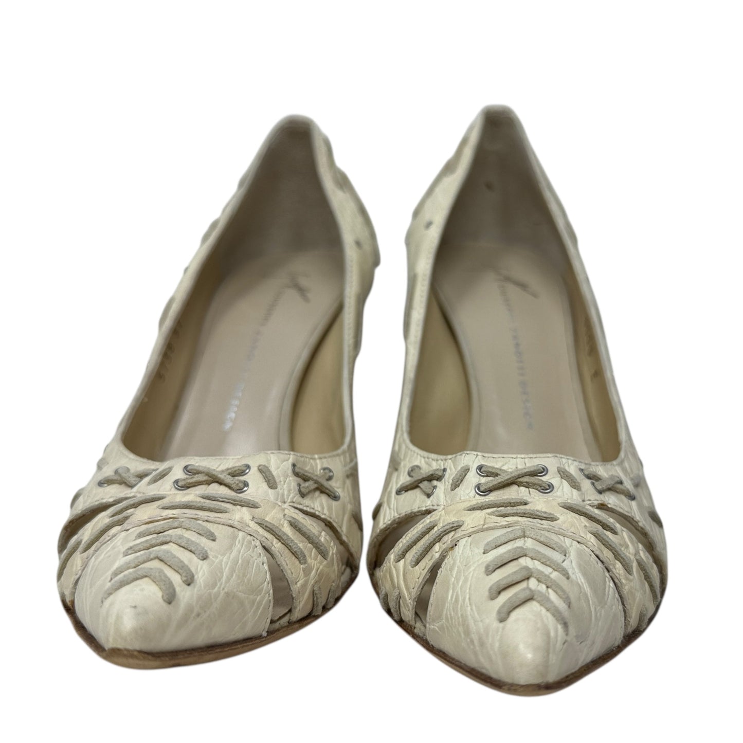 Vintage Vicini Croc Embossed Lace Detail Cutout Stiletto Pumps Designer By Giuseppe Zanotti In Cream, Size: 7