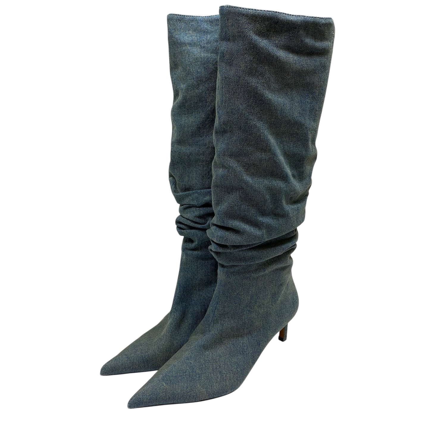 Boots Knee Heels By Zara In Blue Denim, Size:6.5