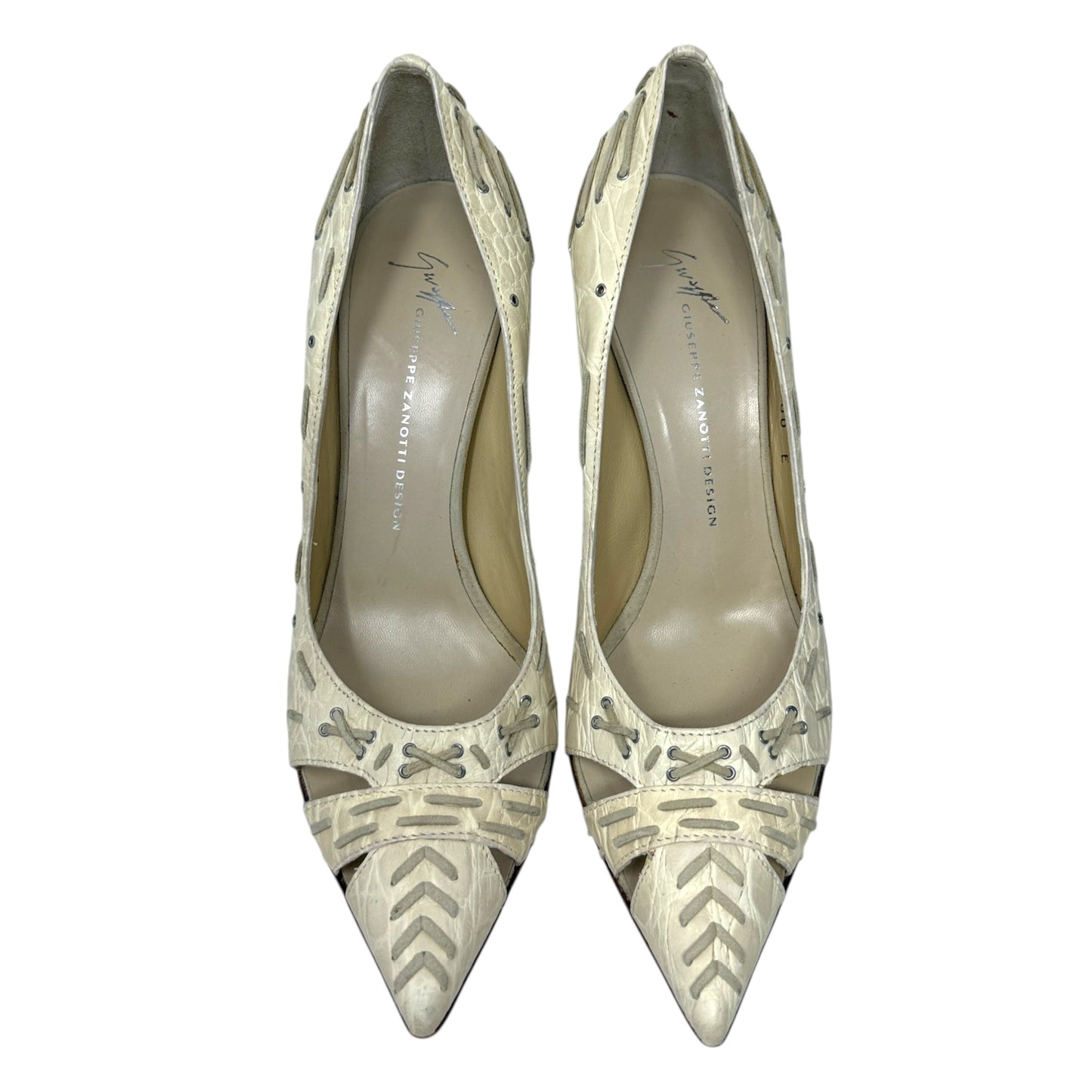 Vintage Vicini Croc Embossed Lace Detail Cutout Stiletto Pumps Designer By Giuseppe Zanotti In Cream, Size: 7