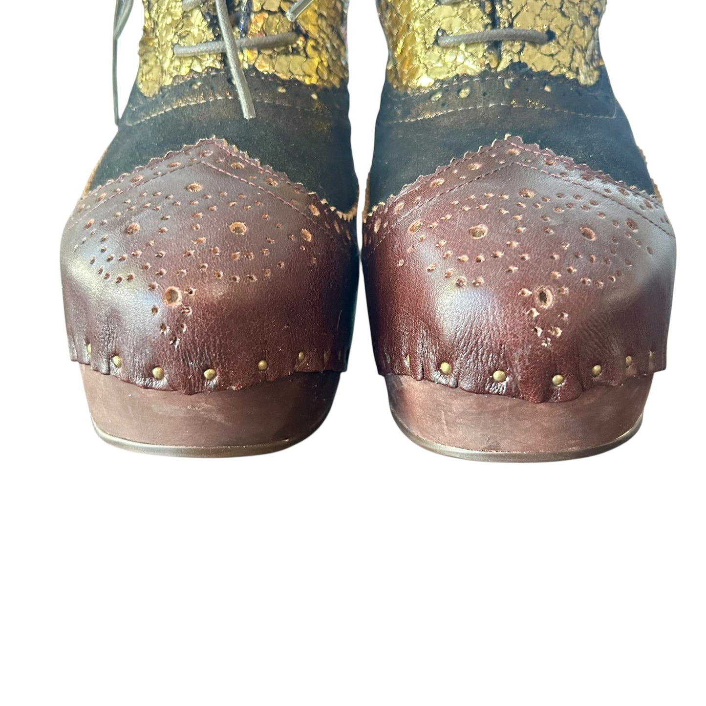 Boots Ankle Heels By Irregular Choices In Brown & Gold, Size: 11