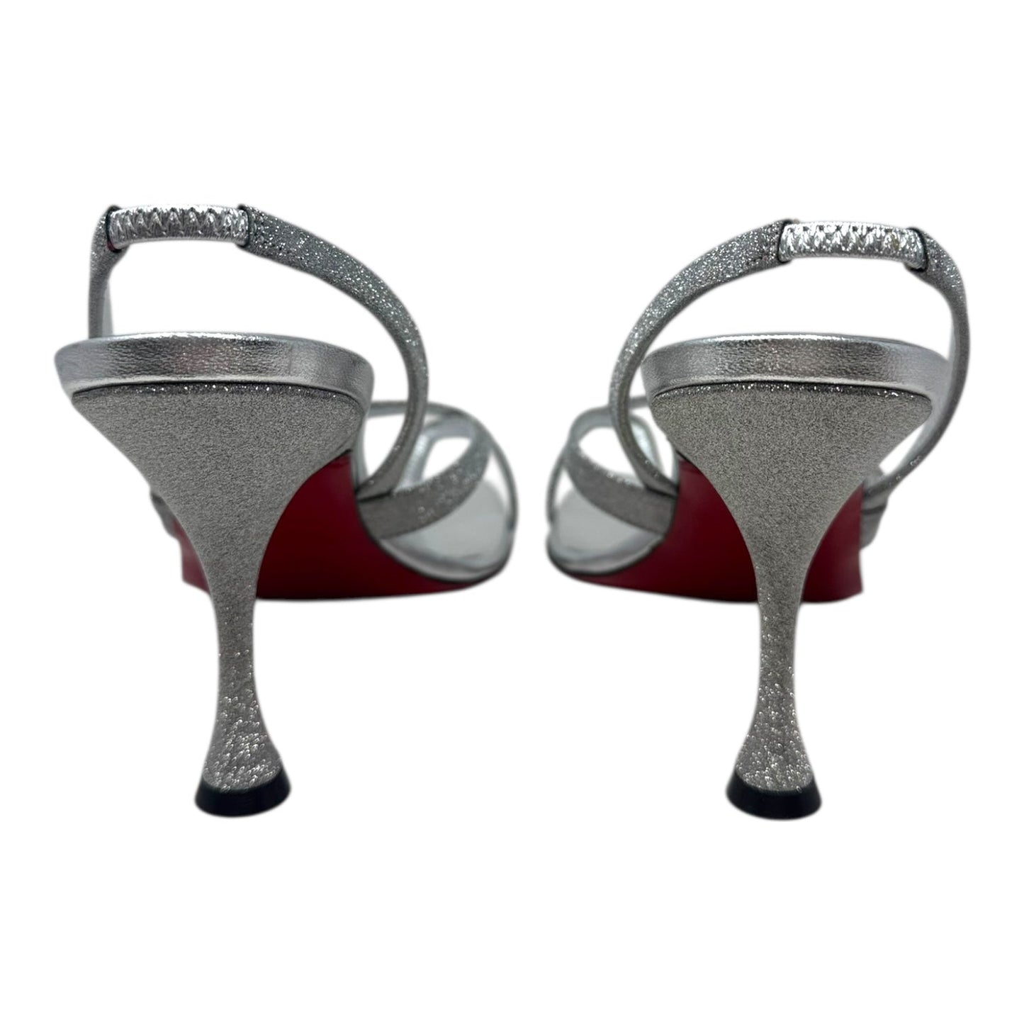 Taralita Glitter 85mm Slingback Heel Sandals Shoes Luxury Designer By Christian Louboutin In Silver, Size: 9 (IT 40)