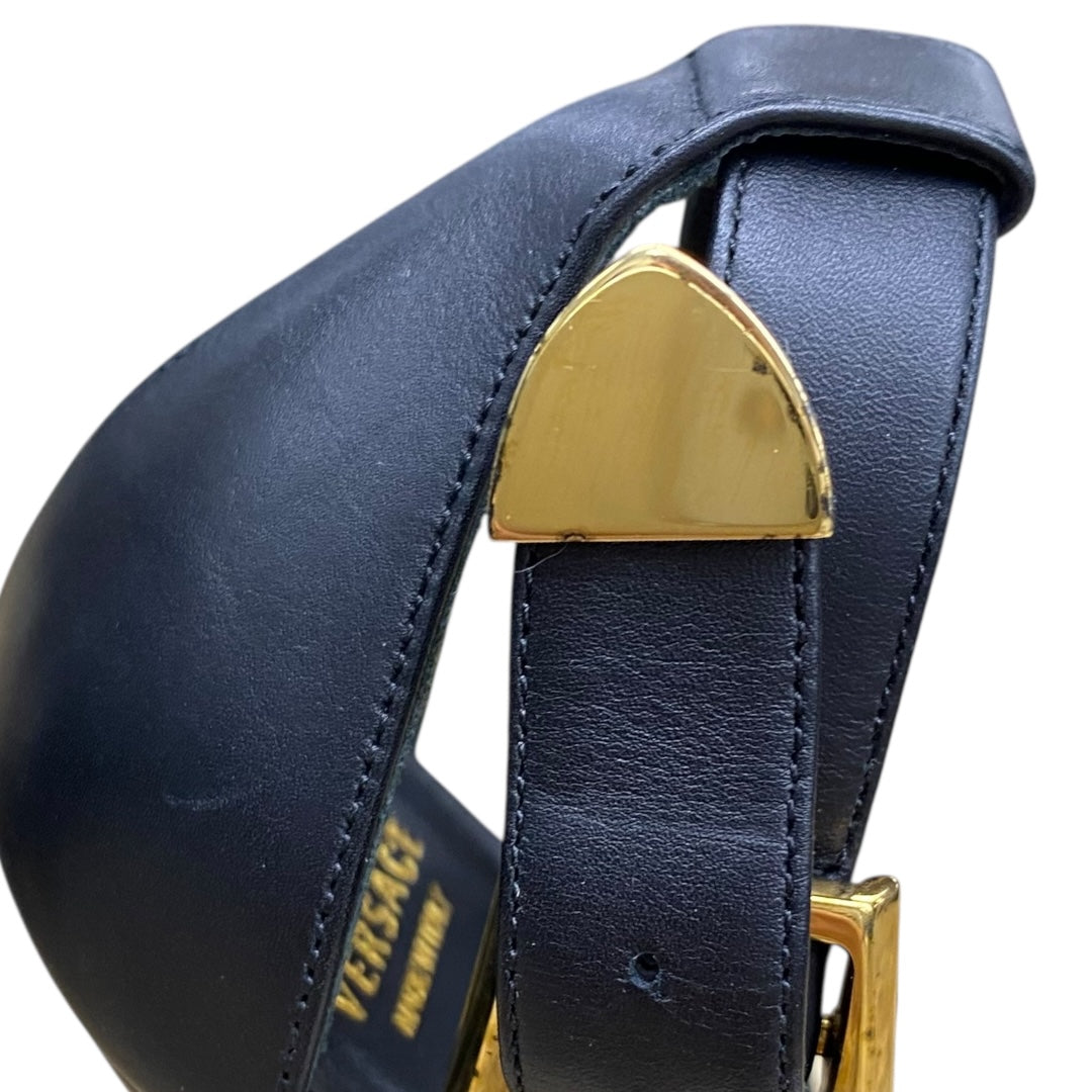 Sandals Luxury Designer By Versace In Black & Gold, Size:6.5