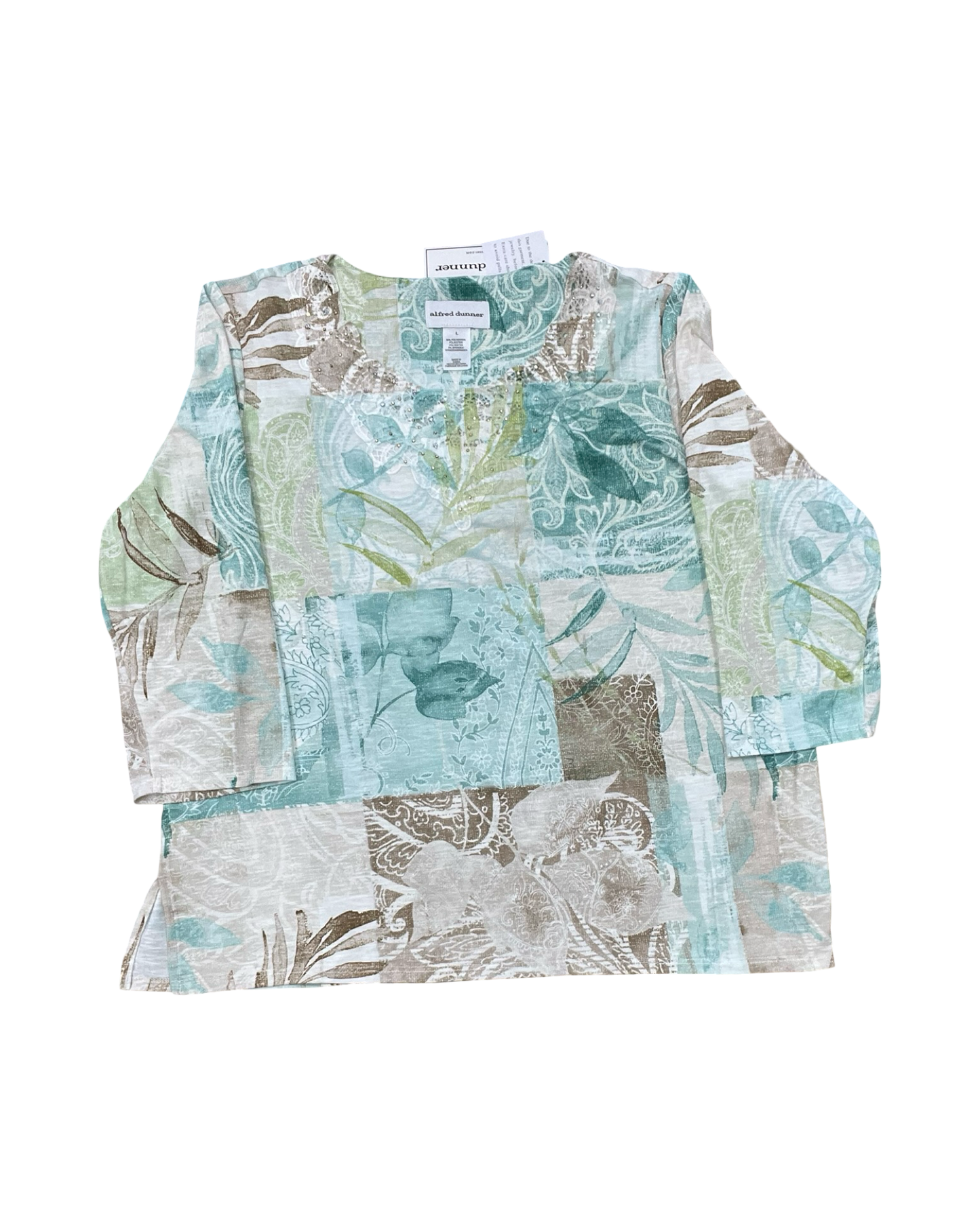 Top 3/4 Sleeve By Alfred Dunner In Green & Tan, Size:L