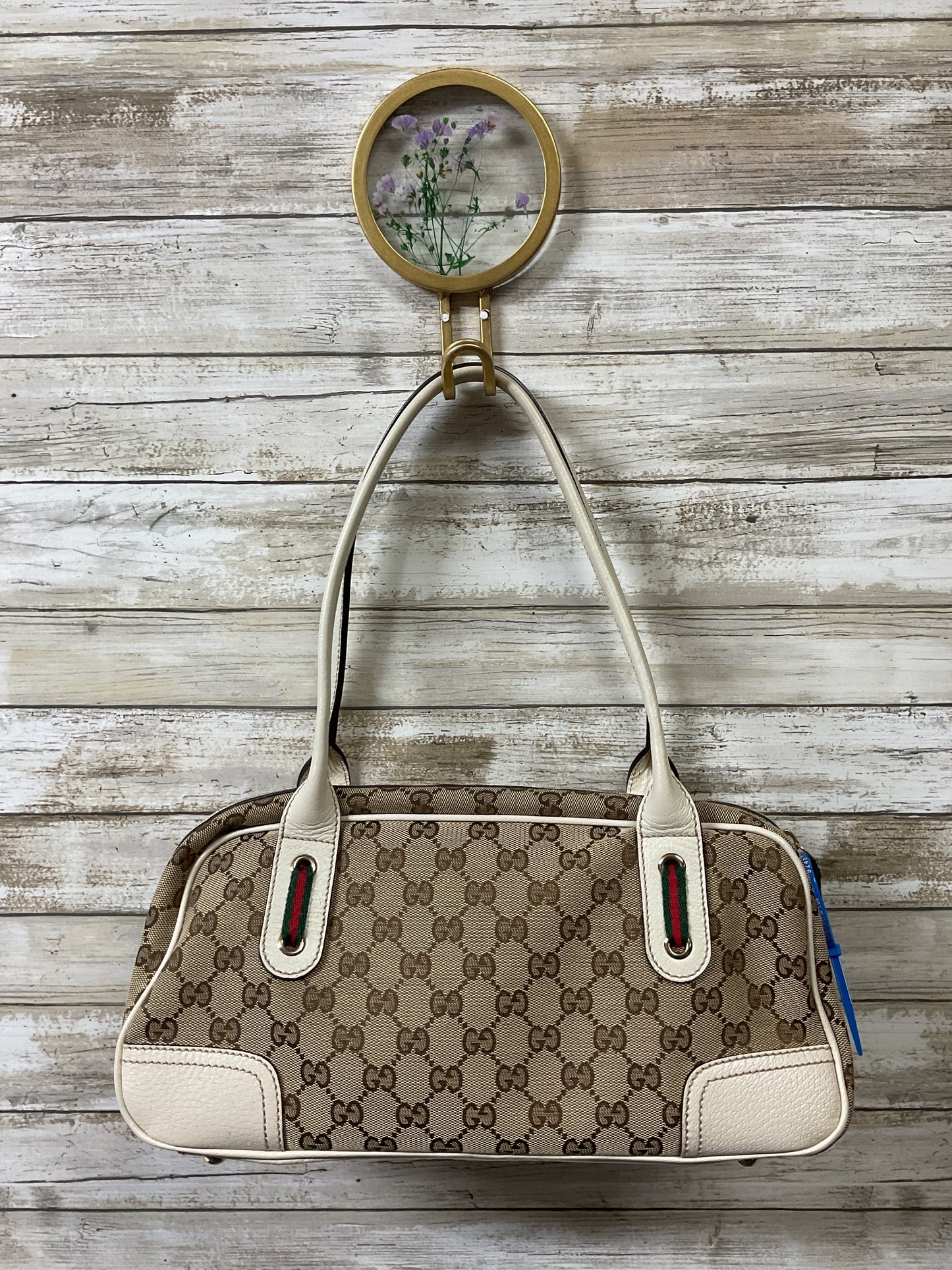 Handbag Luxury Designer By Gucci In Brown & Cream, Size:Medium