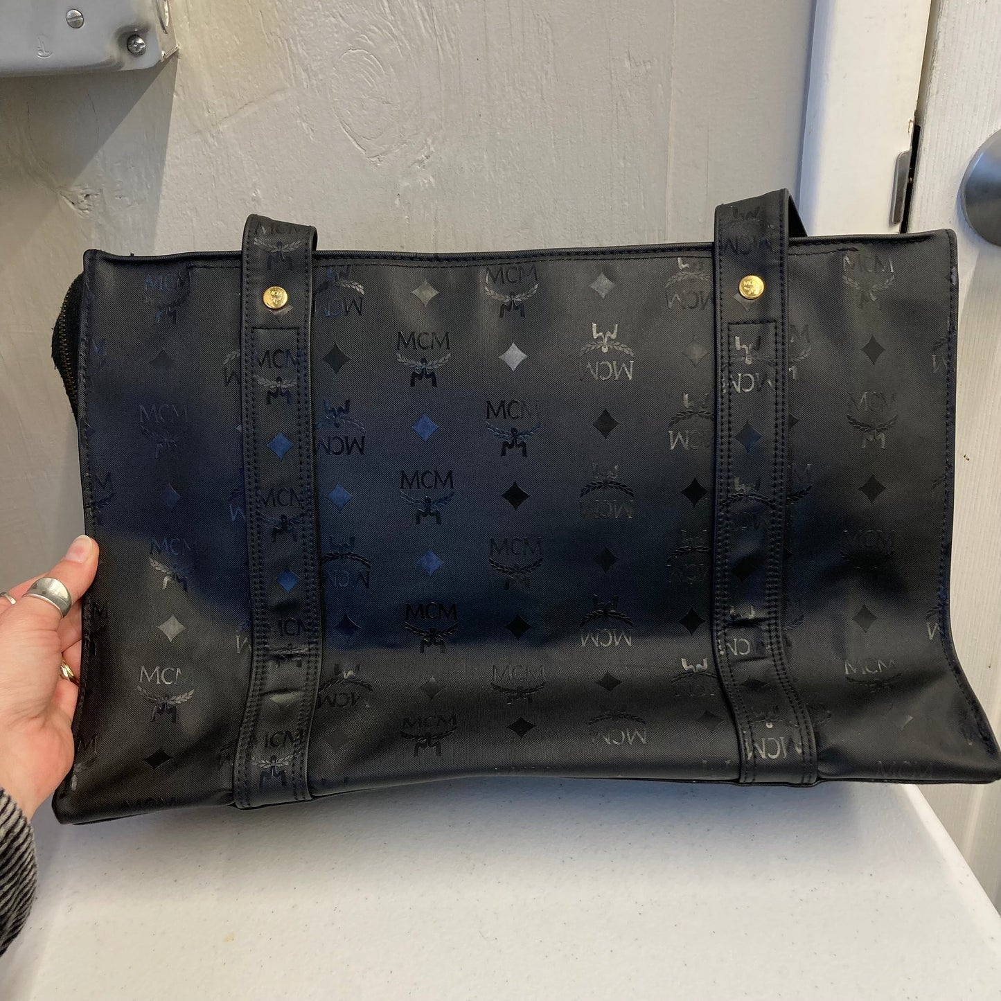 Tote Luxury Designer By Mcm In Black, Size:Large