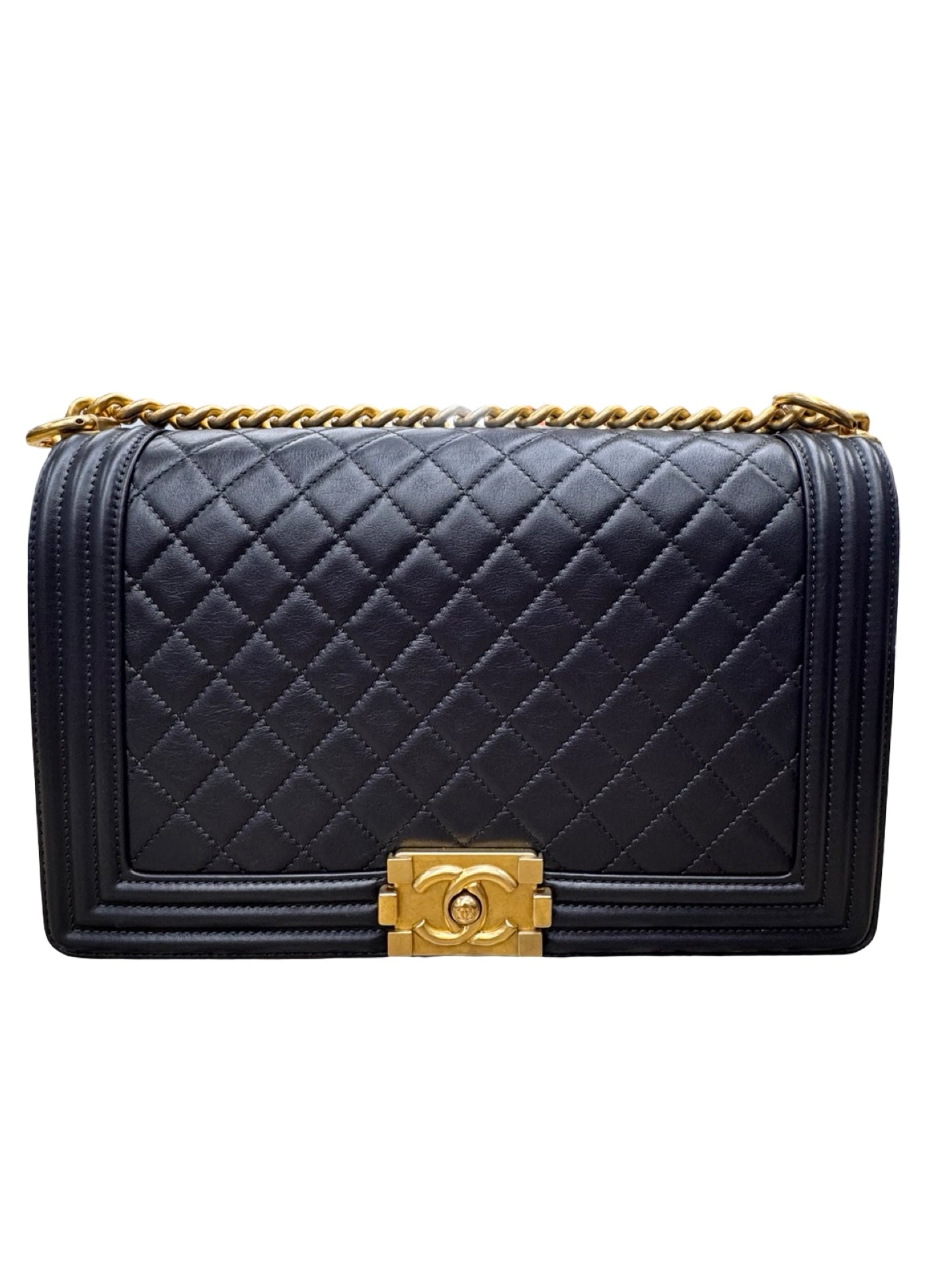 Grained Calfskin Black & Gold-Tone Metal
Chanel Boy Handbag Luxury Designer By Chanel In Black & Gold, Size:Large (6.9x11x3)