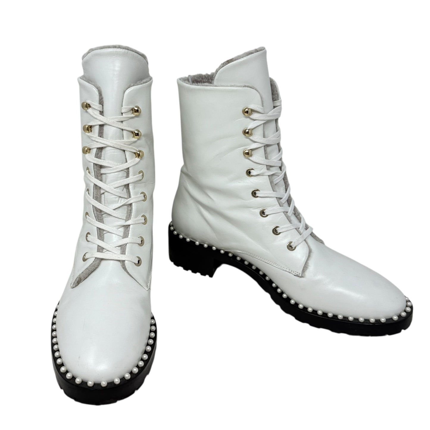 Sondra Nulogo Pearl Embellished Booties Designer By Stuart Weitzman In White, Size: 8