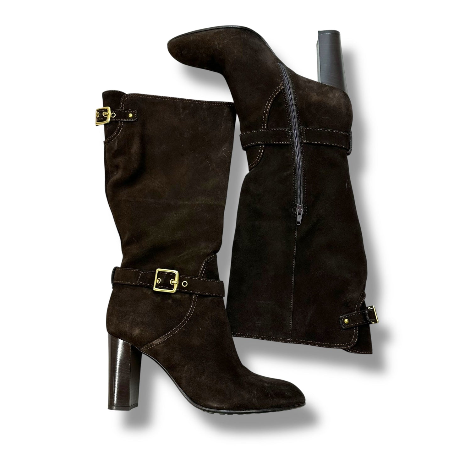 Suede Boots Designer By Coach In Brown, Size: 9