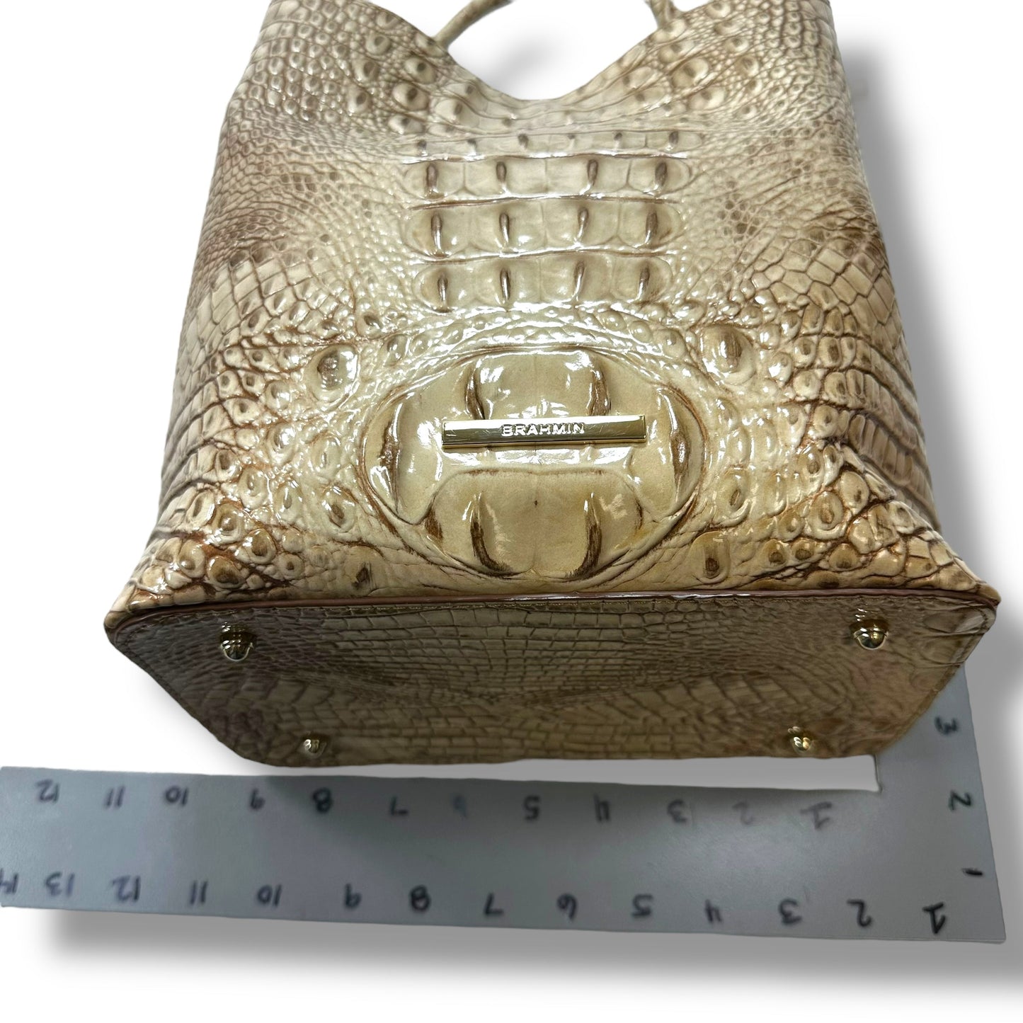 Amelia Croc Embossed Leather Bucket Bag Handbag Designer By Brahmin, Size: Medium