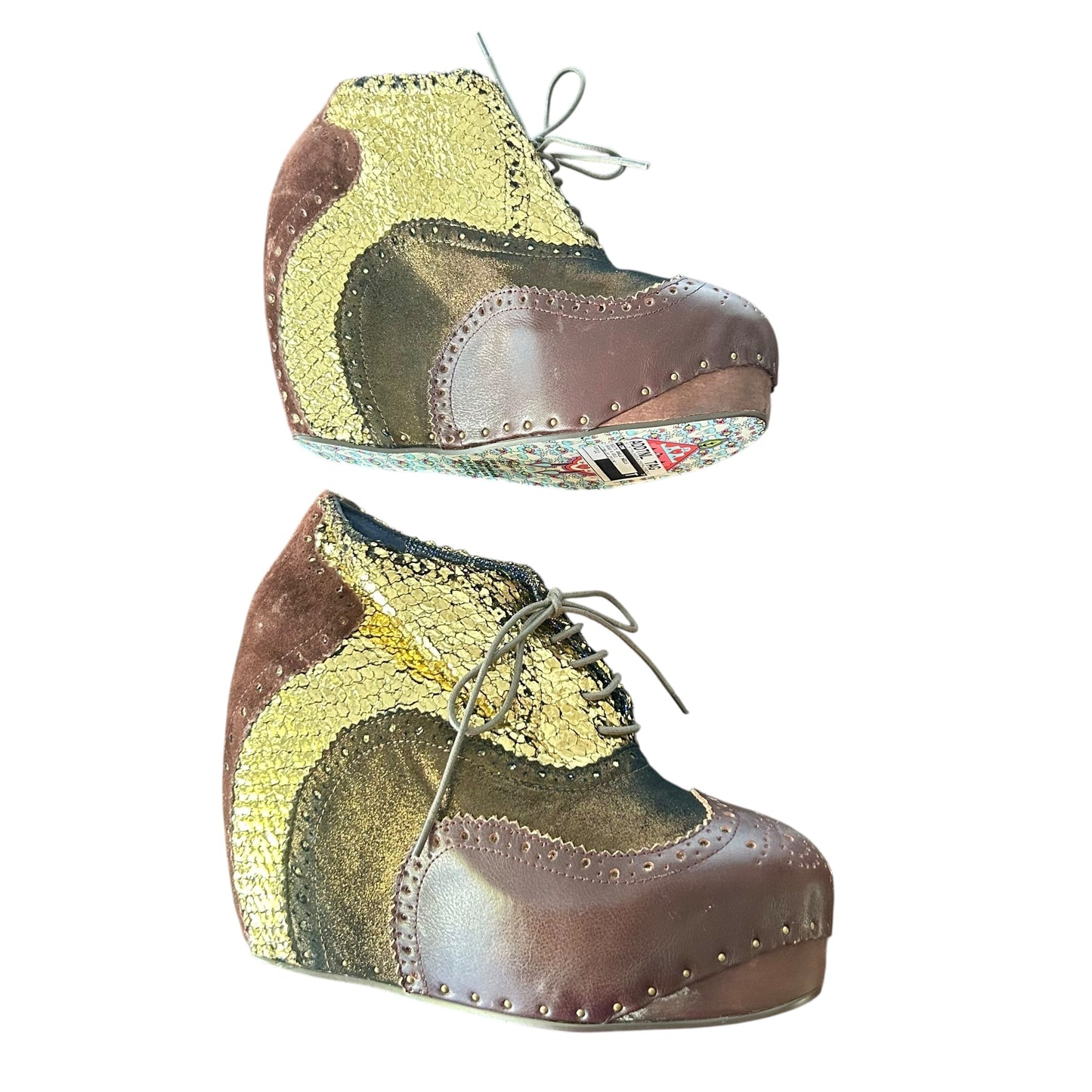 Boots Ankle Heels By Irregular Choices In Brown & Gold, Size: 11