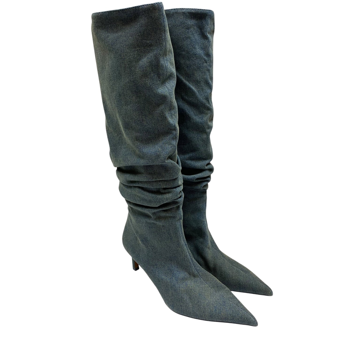 Boots Knee Heels By Zara In Blue Denim, Size:6.5