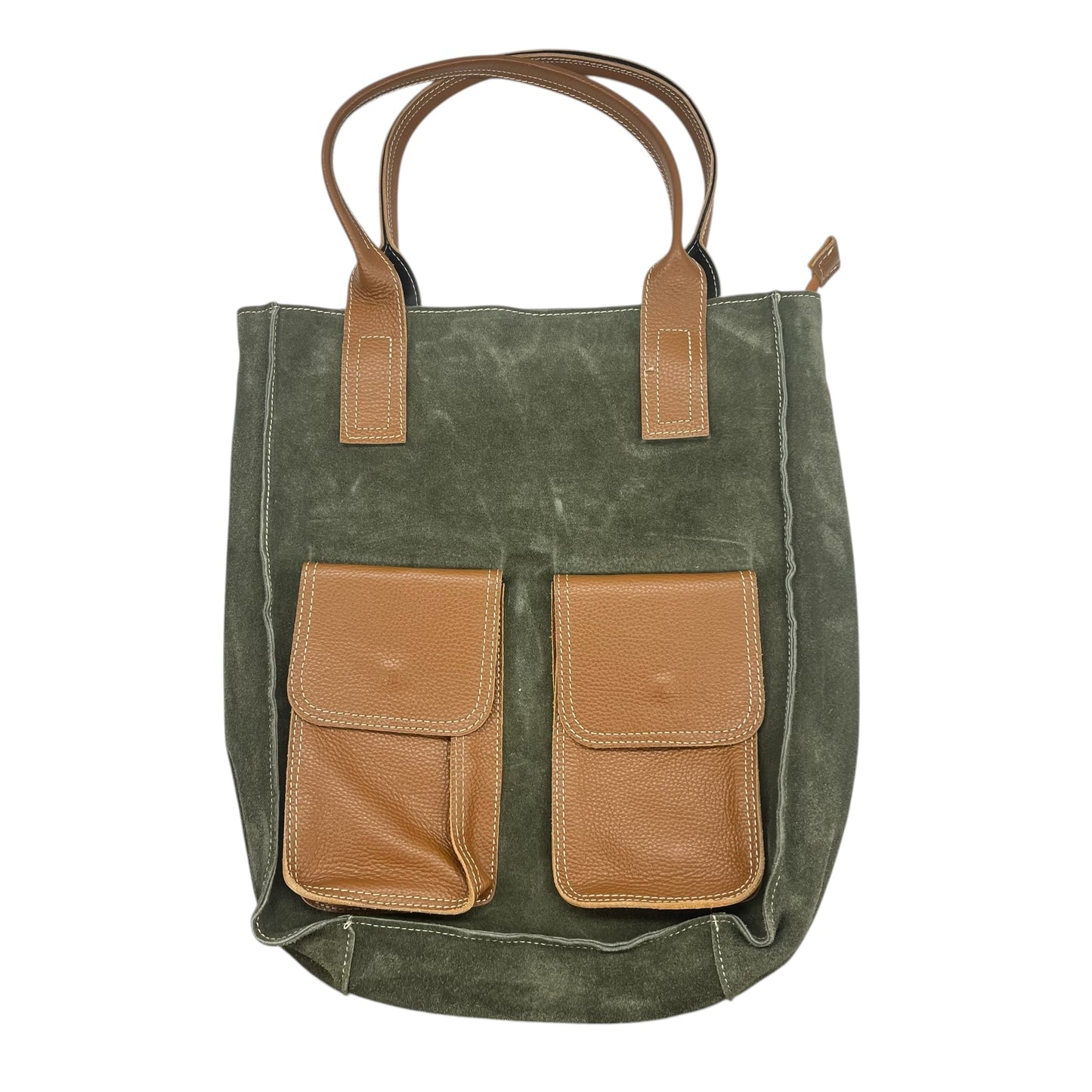 Handbag Leather By Clothes Mentor In Brown & Green, Size:Large