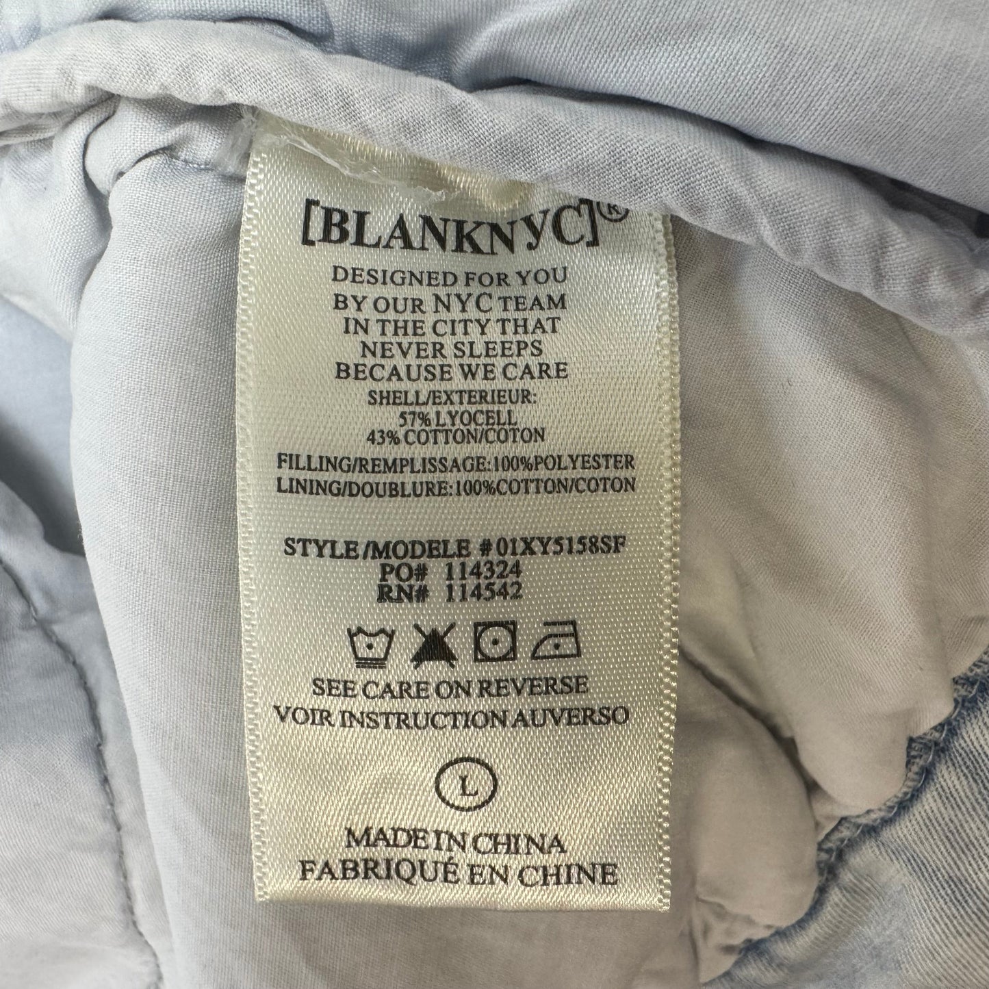Jacket Puffer & Quilted By Blanknyc In Bleach Faded Blue Denim, Size: L