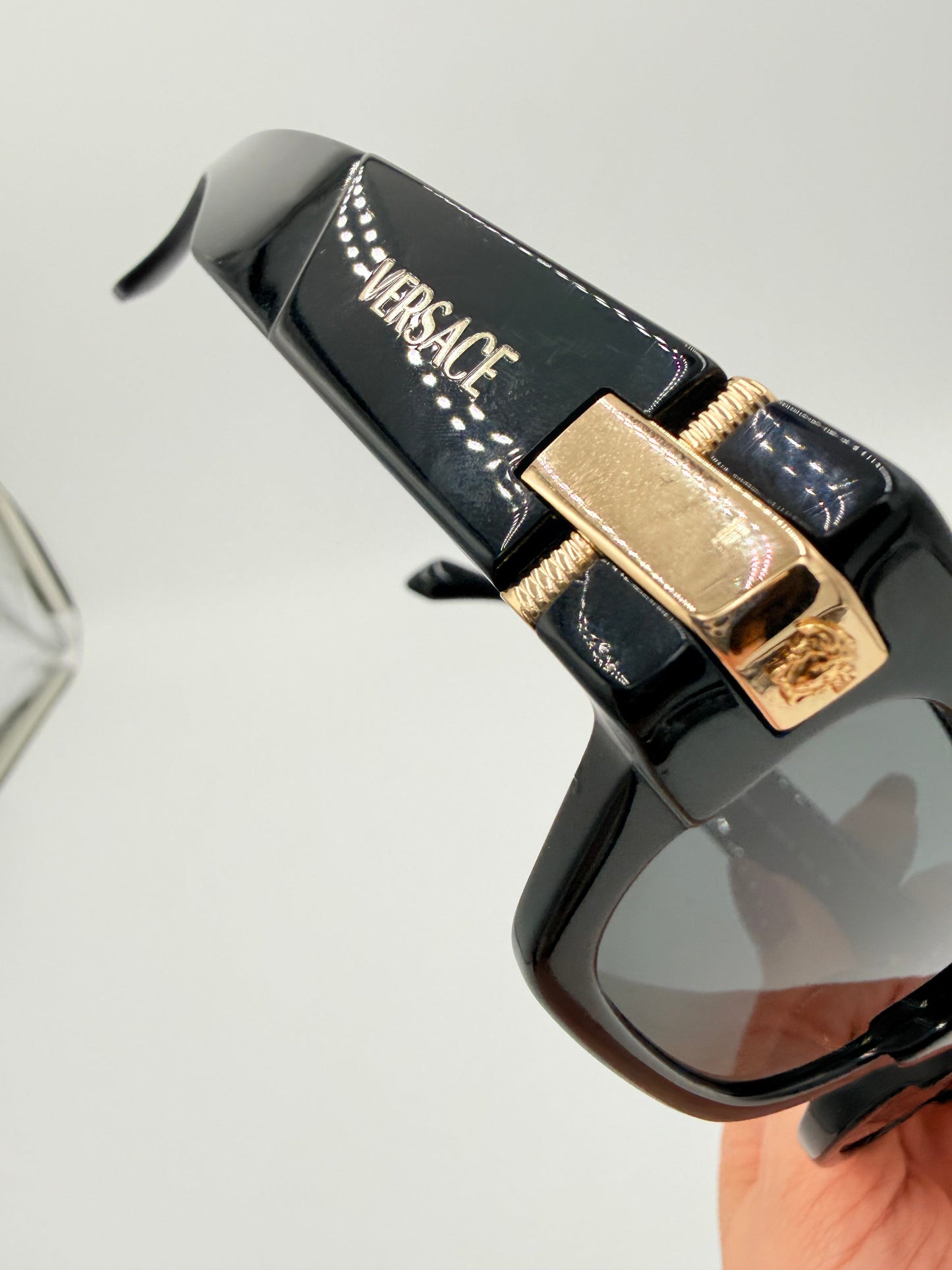 Sunglasses Luxury Designer By Versace In Black & Gold, Size: