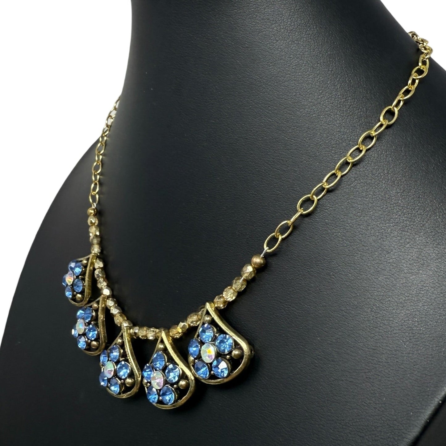 Brass Tone Blue Crystal Teardrop Multi Pendant Necklace
