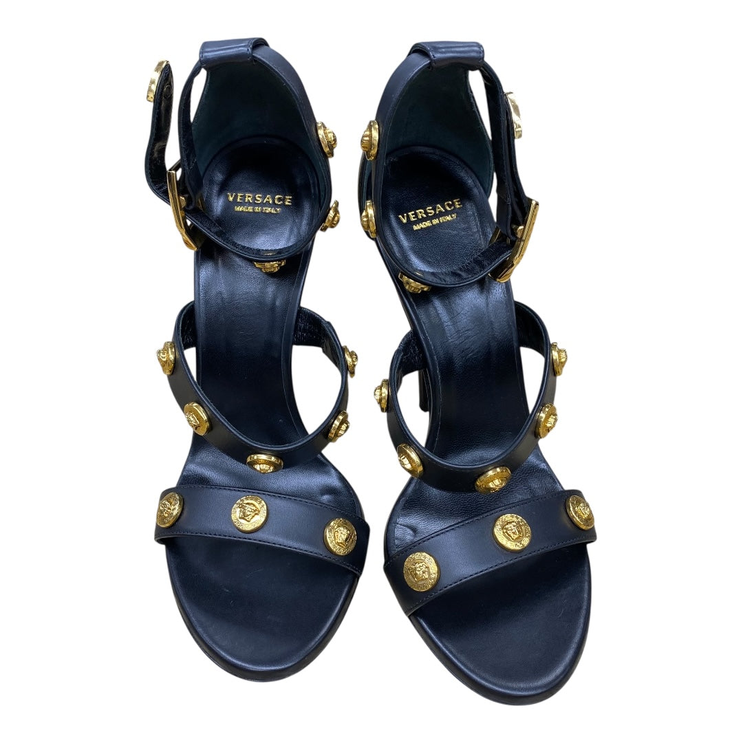 Sandals Luxury Designer By Versace In Black & Gold, Size:6.5