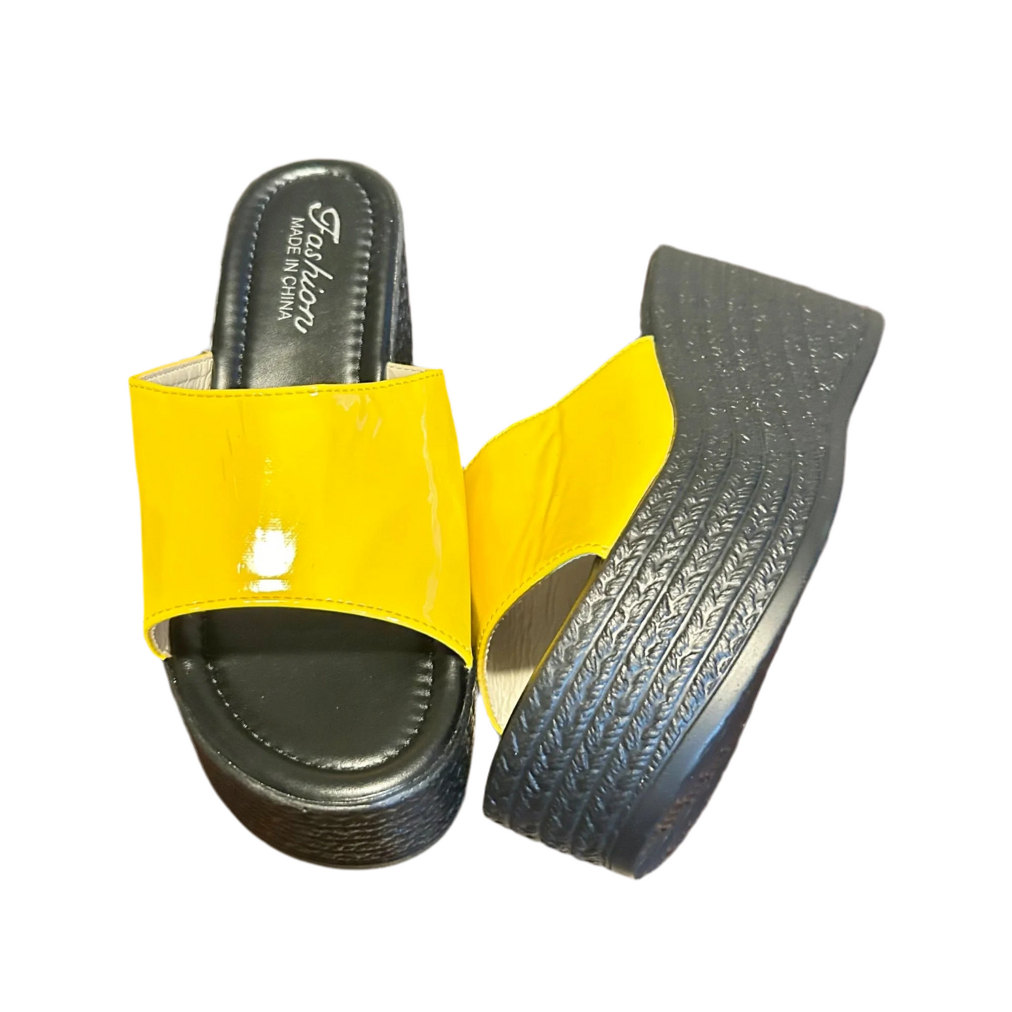 Sandals Heels Wedge By Fashion In Black & Yellow, Size: 6.5