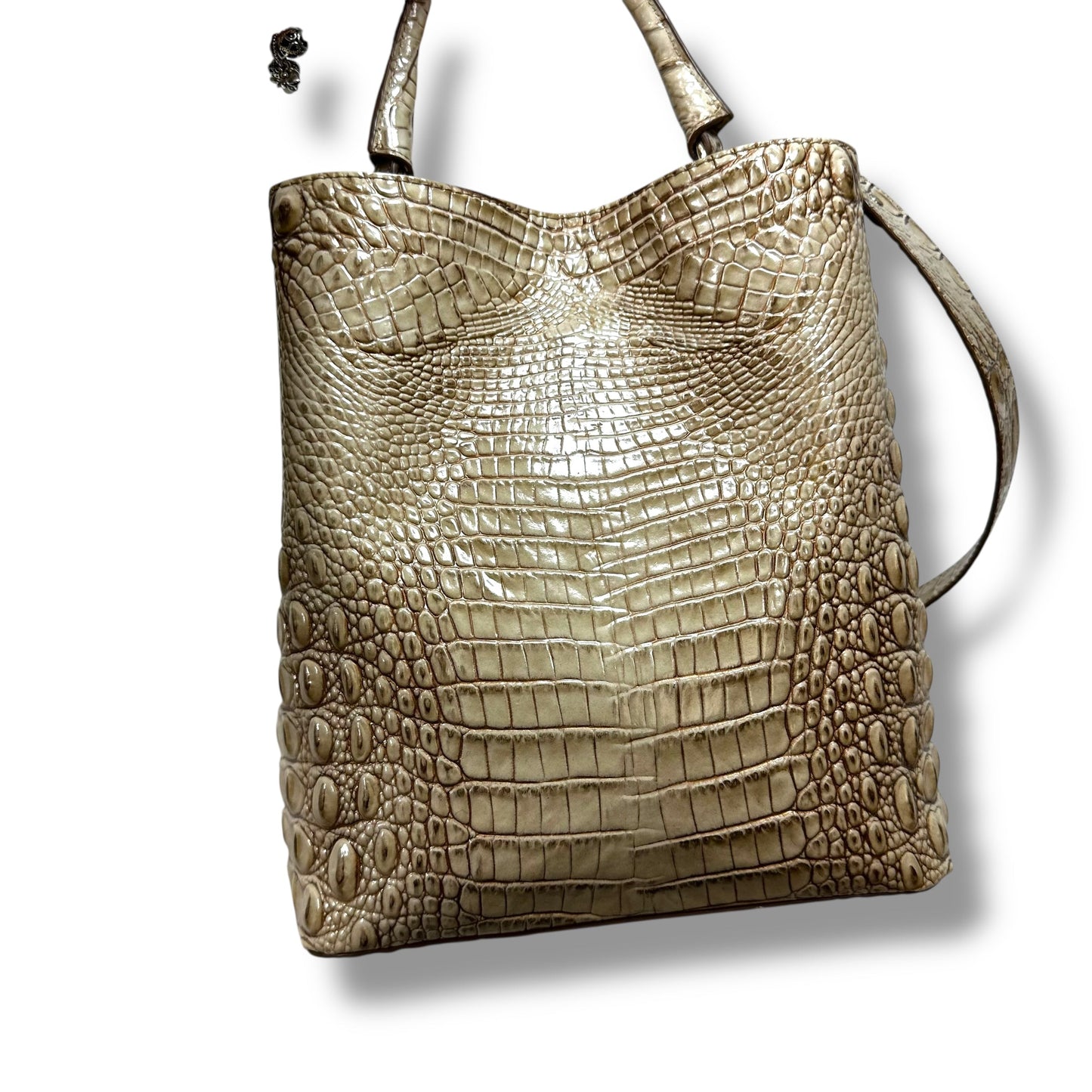 Amelia Croc Embossed Leather Bucket Bag Handbag Designer By Brahmin, Size: Medium