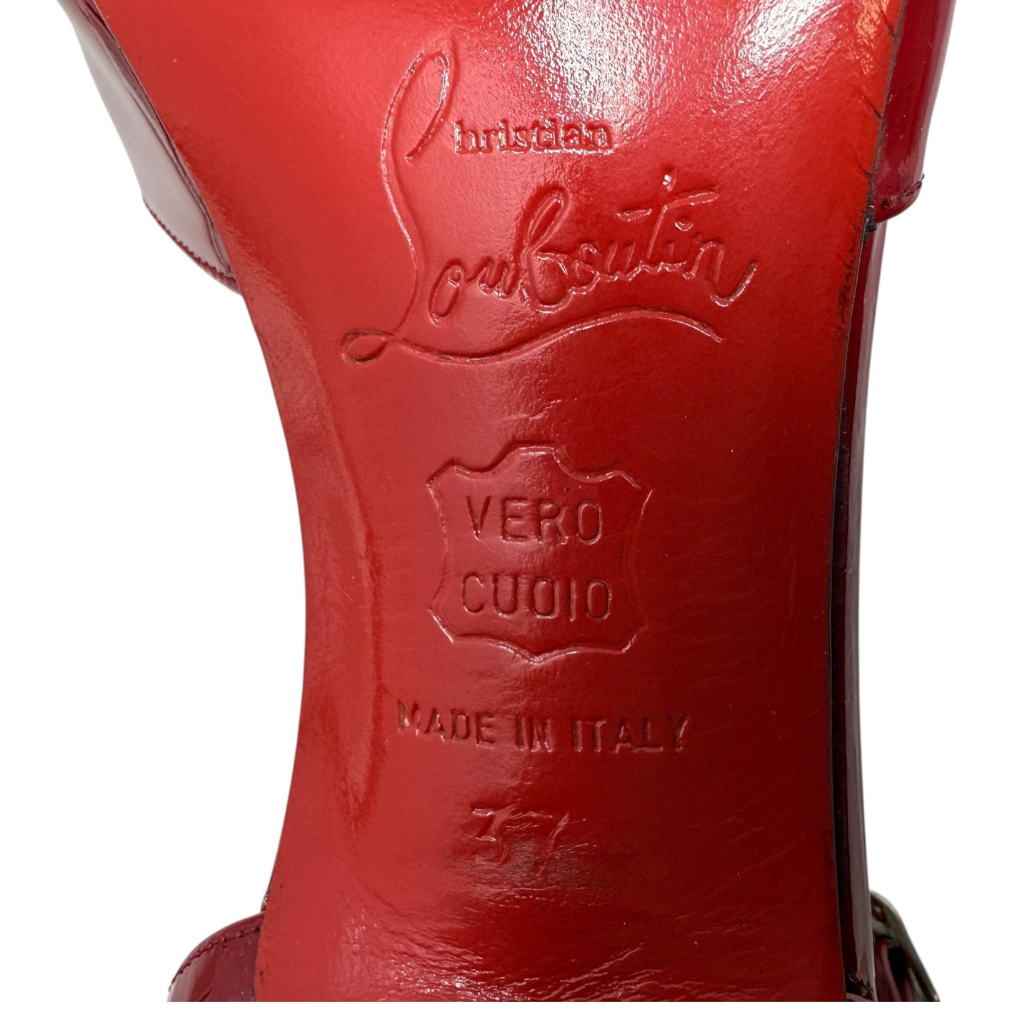 Ernesta T-Strap Patent Leather Pumps Luxury Designer By Christian Louboutin In Red, Size: 7