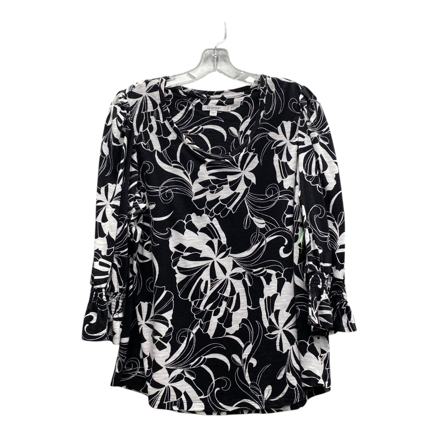 Top 3/4 Sleeve By Chicos In Black & White, Size:L