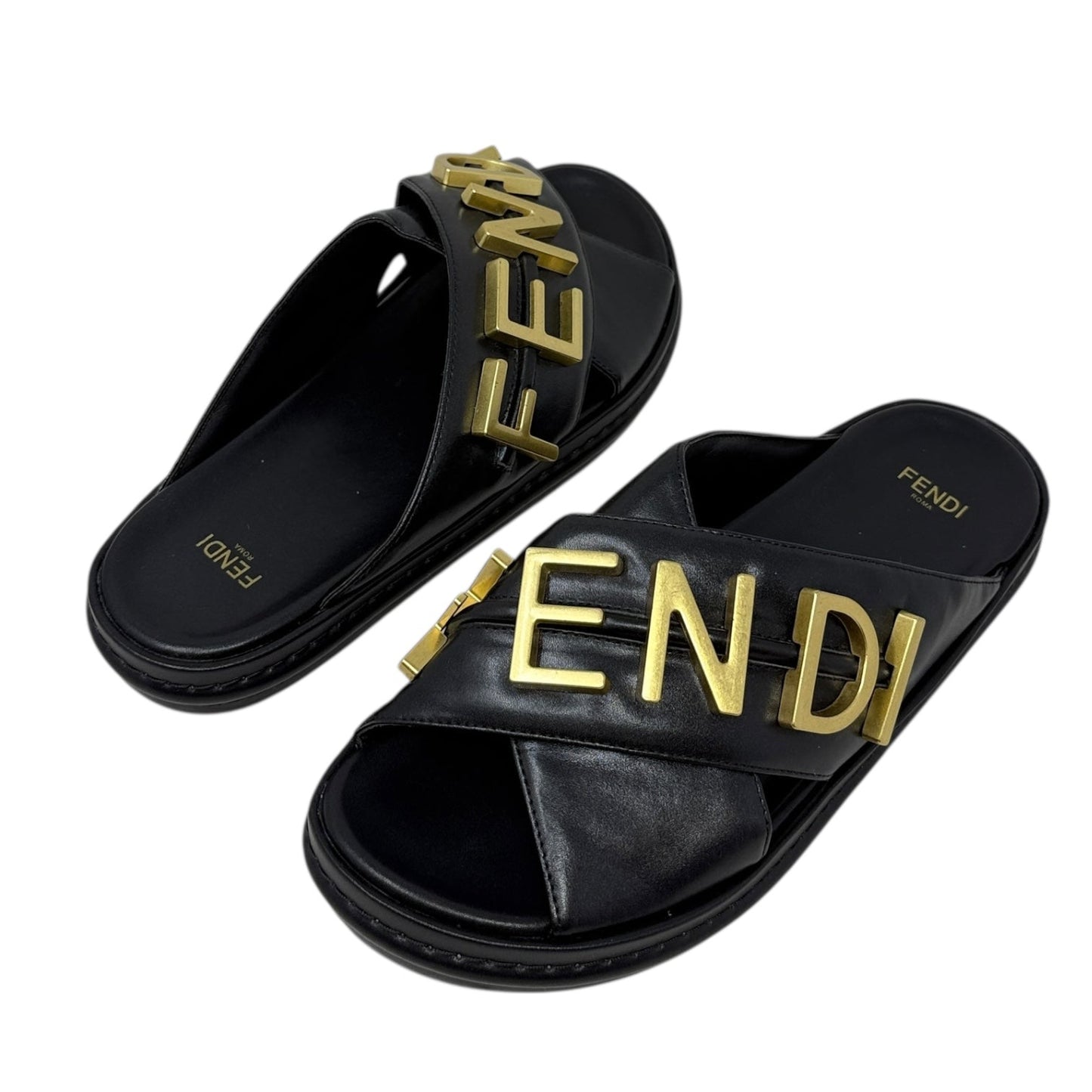 Vitello Fendigraphy Slide Sandals Luxury Designer By Fendi In Black & Gold, Size: US 7 (IT 37)