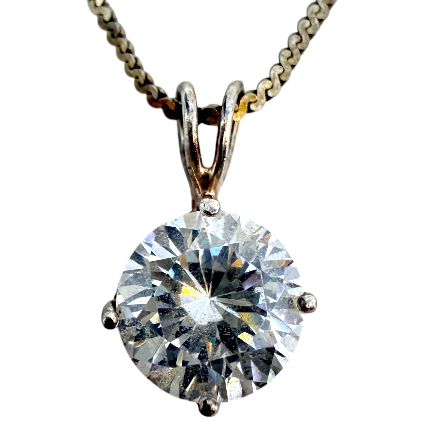 Italian Sterling Silver CZ Solitaire Pendant S-Chain Necklace By Uno Italy