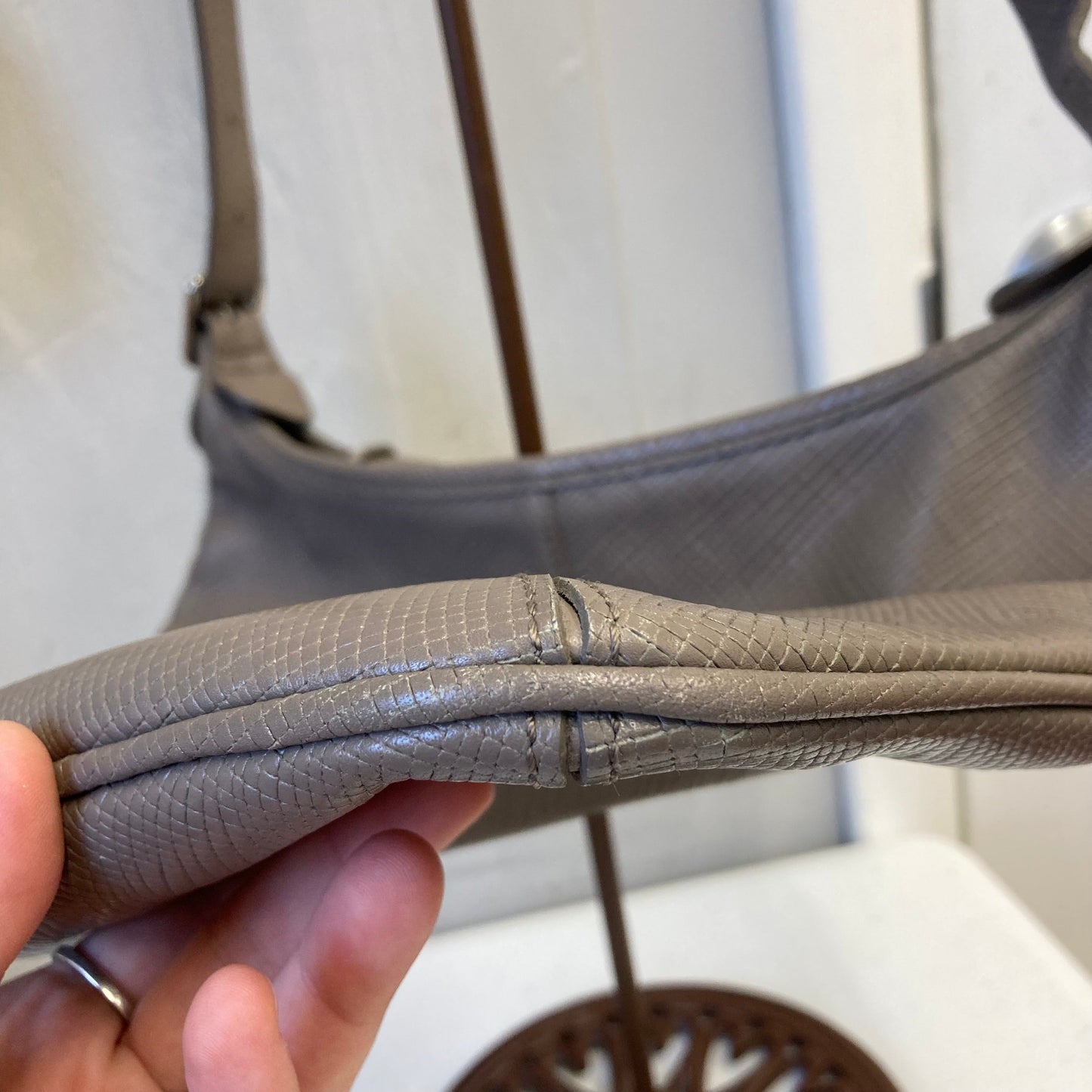 Handbag Designer By Longchamp In Taupe, Size:Medium