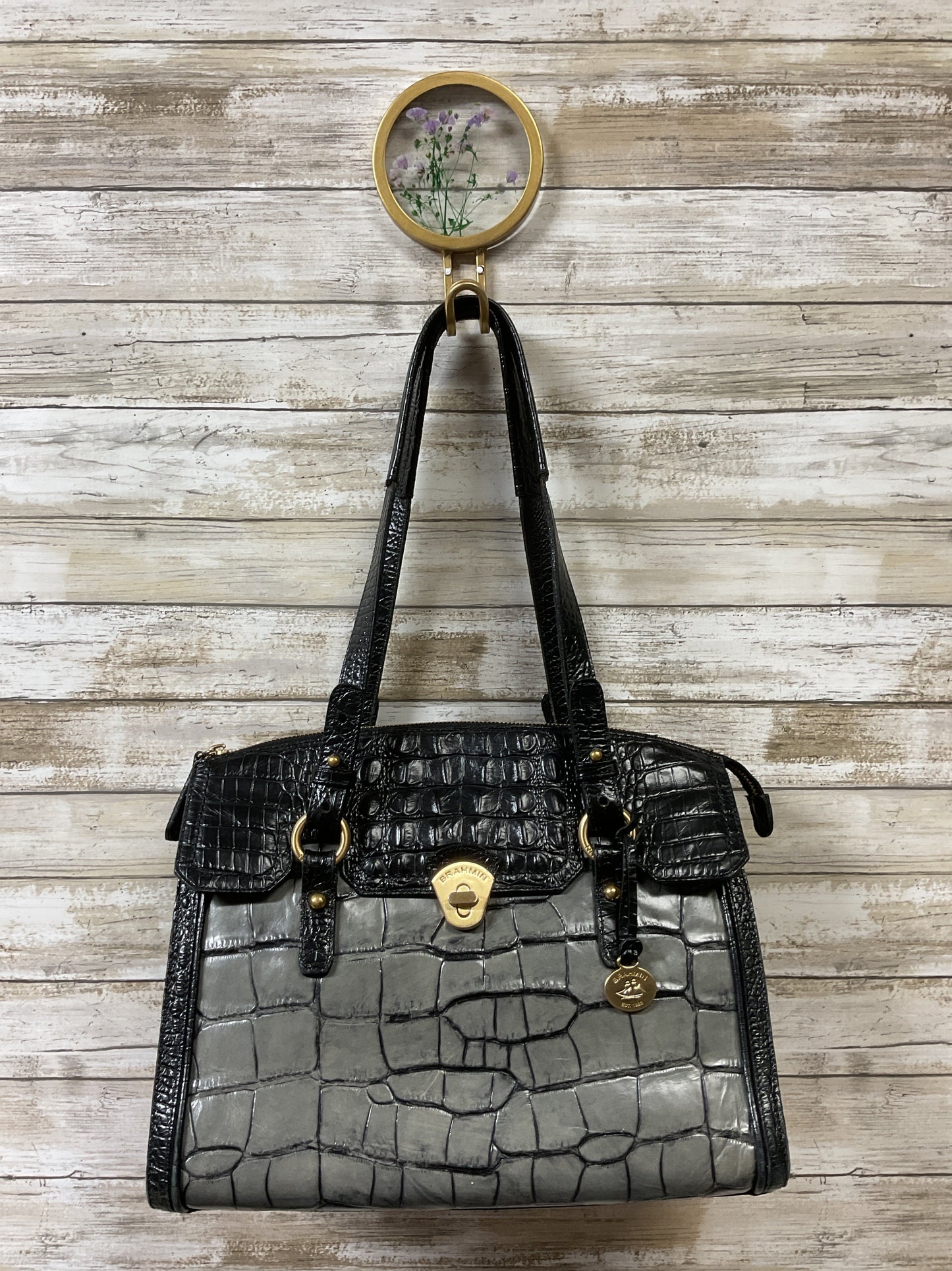 Handbag Designer By Brahmin In Black & Grey, Size:Medium