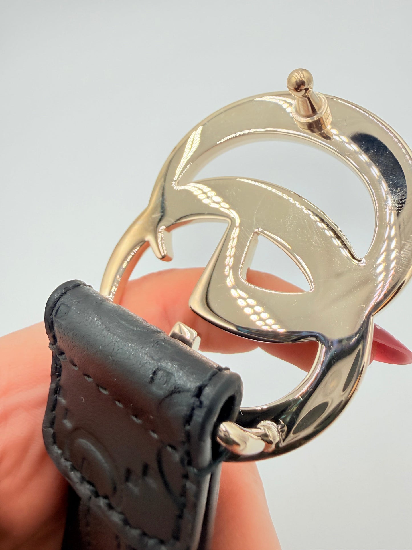 Belt Luxury Designer By Gucci In Black & Silver, Size: