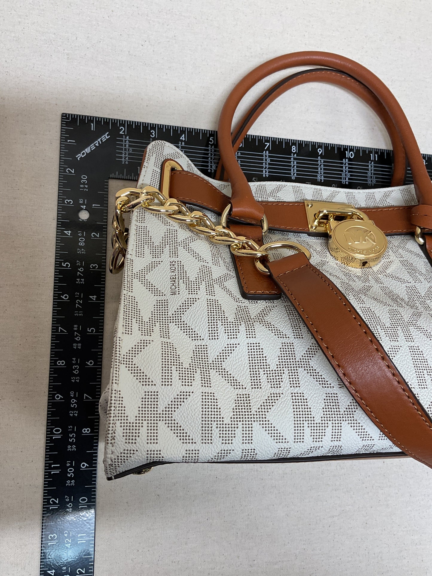 Handbag Designer By Michael Kors In Brown & White, Size:Medium