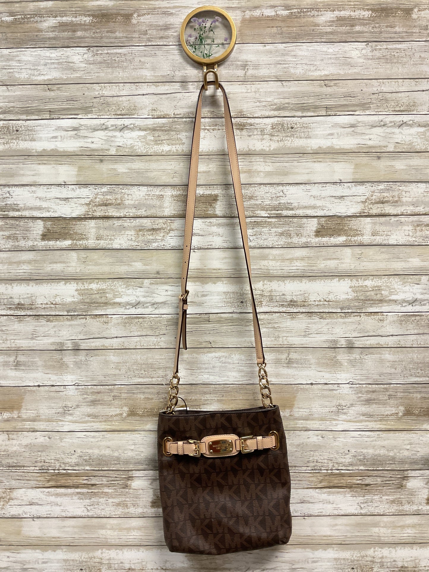 Crossbody Designer By Michael Kors In Brown & Gold, Size:Medium