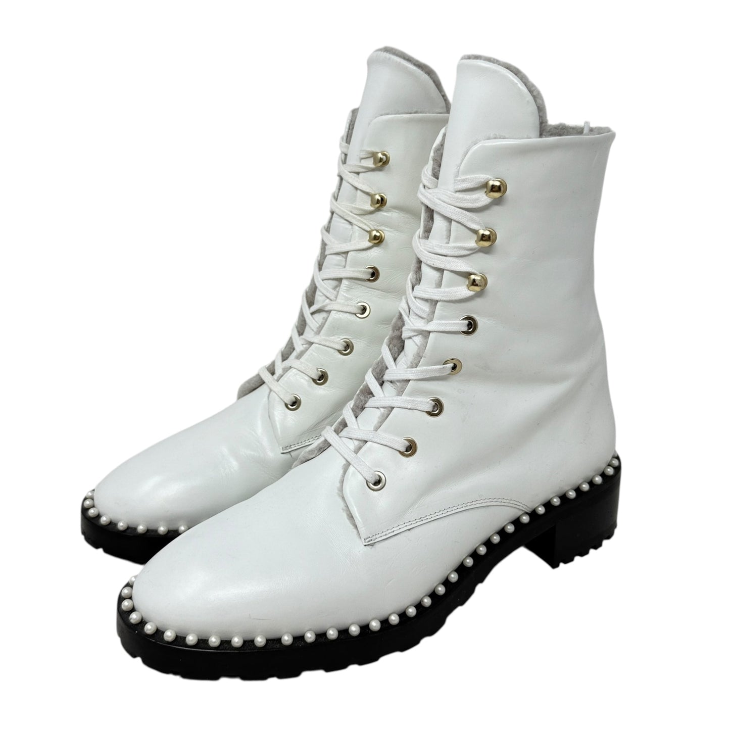 Sondra Nulogo Pearl Embellished Booties Designer By Stuart Weitzman In White, Size: 8