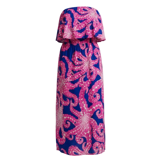 Meridian Strapless Midi Dress Designer By Lilly Pulitzer In Blue & Pink, Size: M