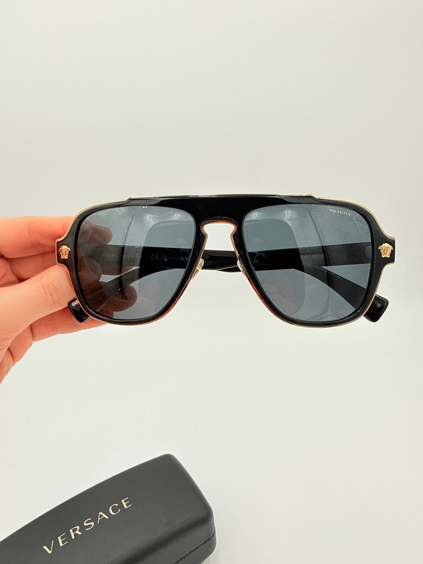 Sunglasses Luxury Designer By Versace In Black & Gold, Size: