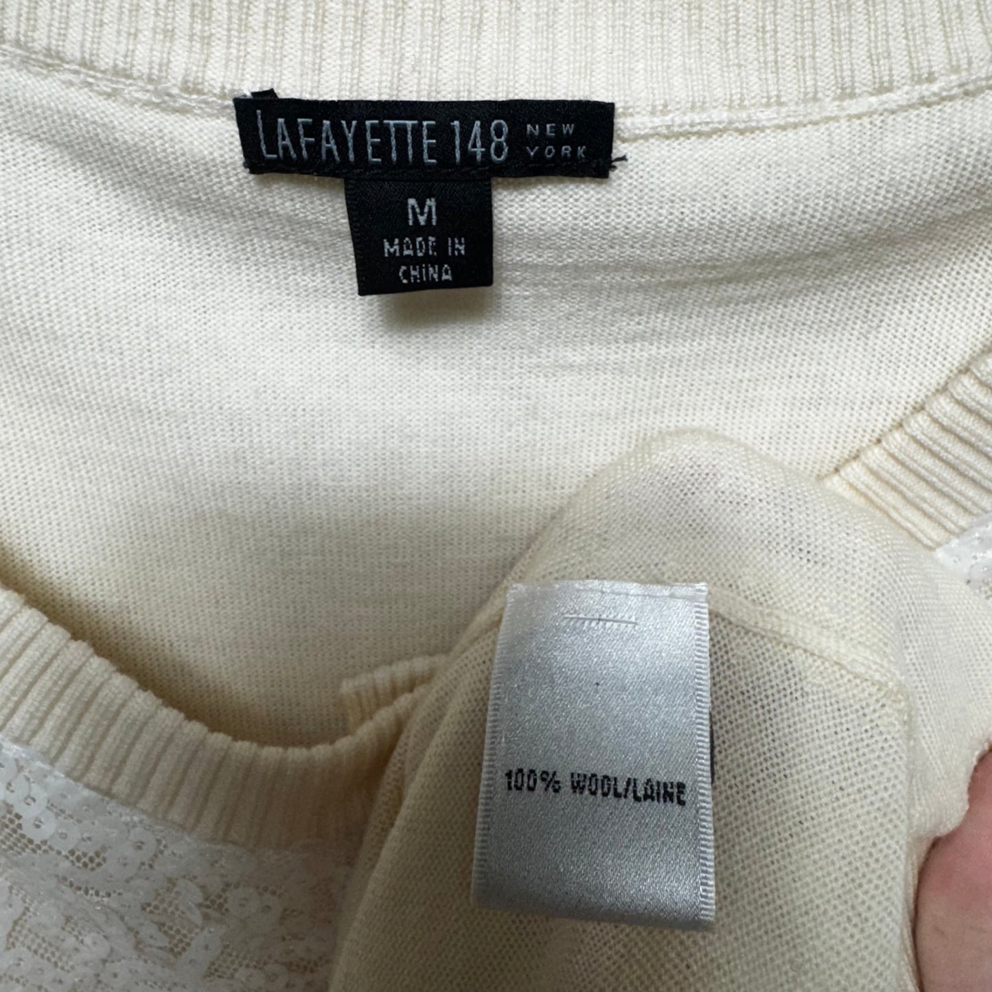 Sequin Wool Sweater Cardigan Designer By Lafayette 148 In Cream, Size: M