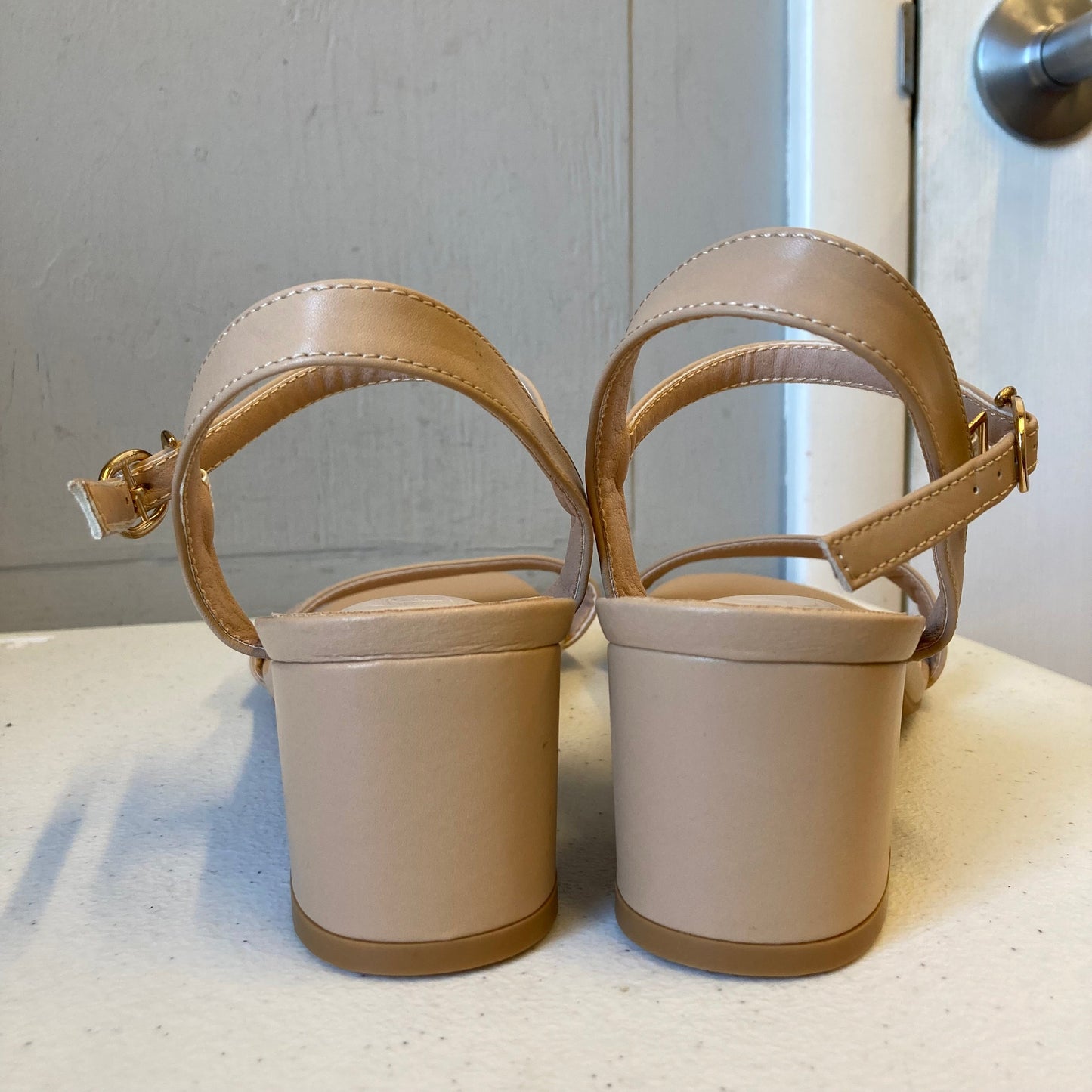 Sandals Heels Block In Beige, Size:11.5