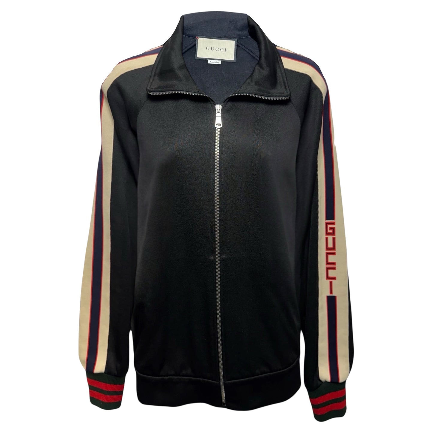 Web Trim Technical Jersey Track Jacket Luxury Designer By Gucci In Black & Cream, Size: S MEN’S