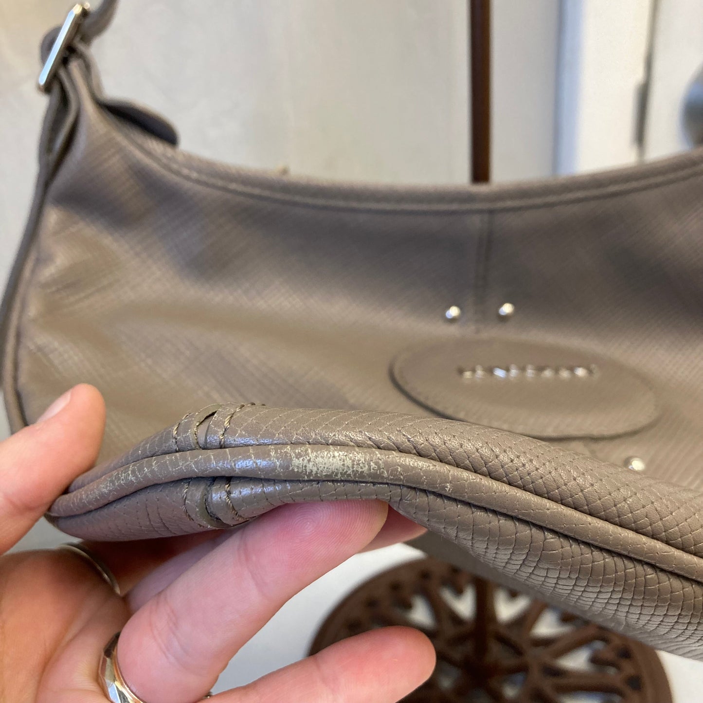 Handbag Designer By Longchamp In Taupe, Size:Medium