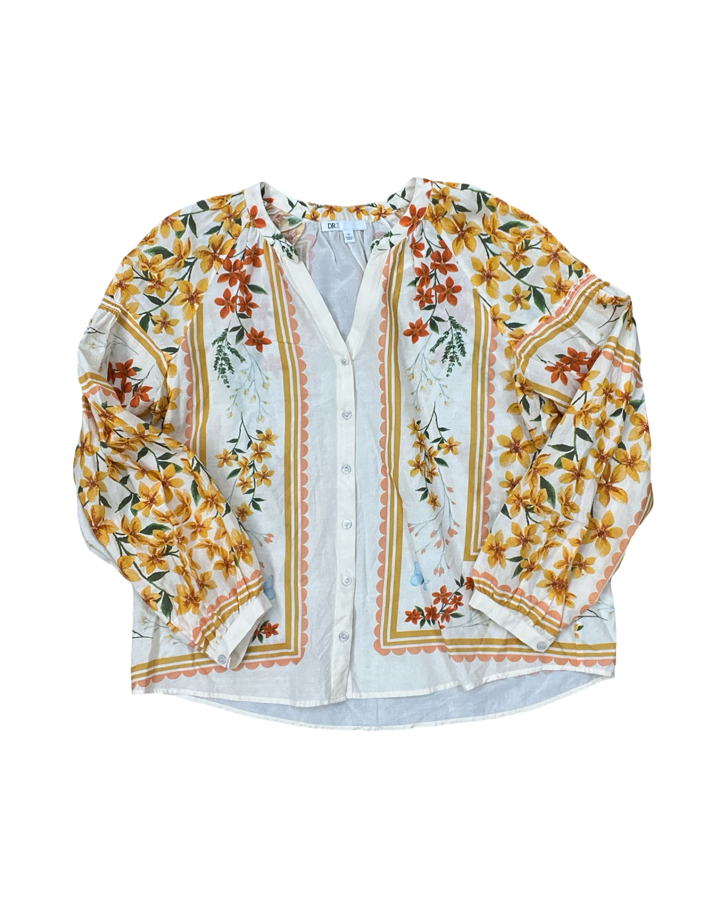 Blouse 3/4 Sleeve By Dr2 In Cream & Orange, Size:M