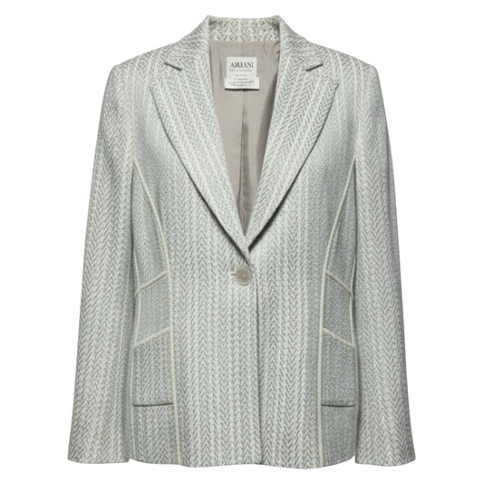 Cotton & Linen Blazer Luxury Designer By Armani In Blue & Cream, Size: 16