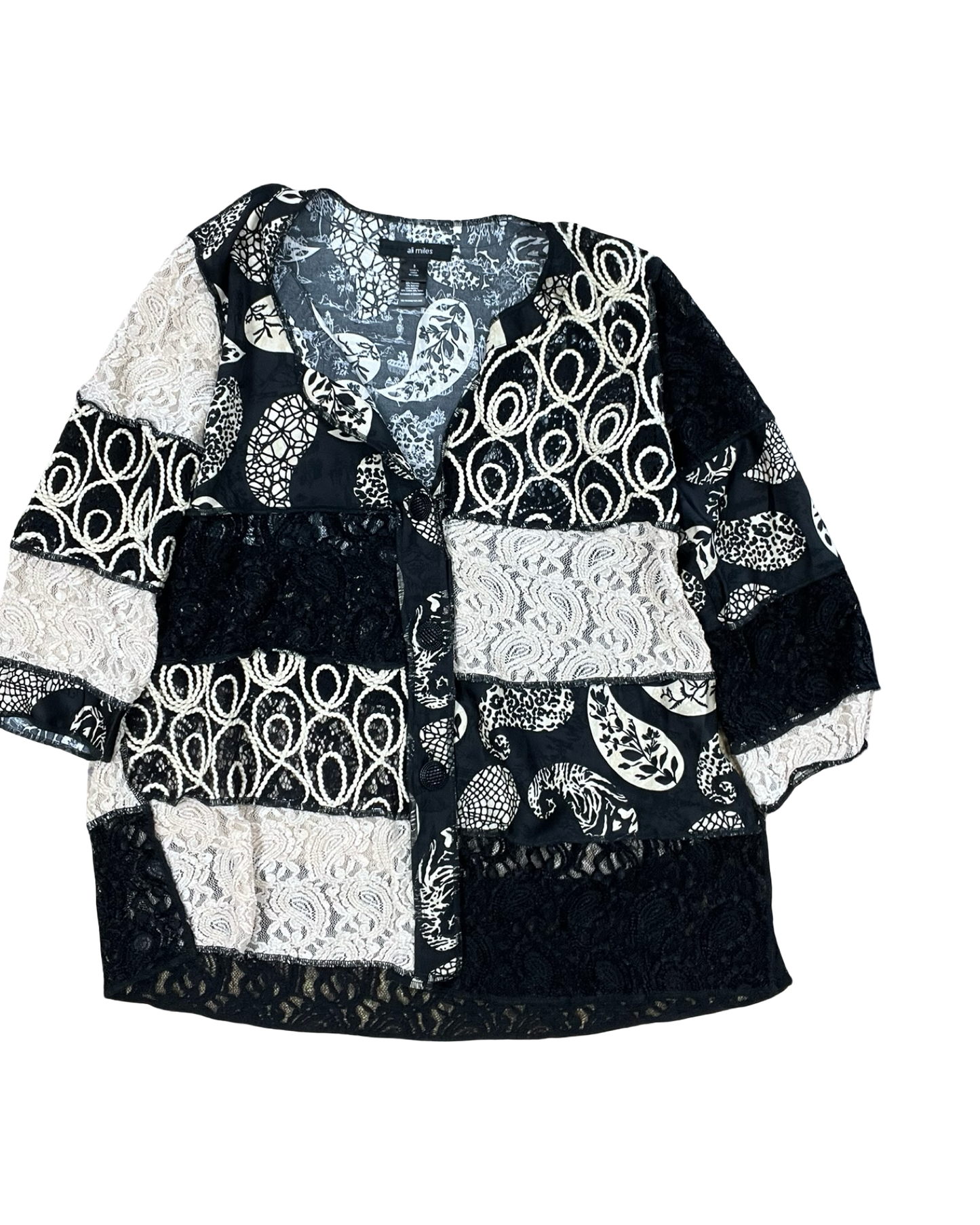 Blouse 3/4 Sleeve By Ali Miles In Black & Cream, Size:S