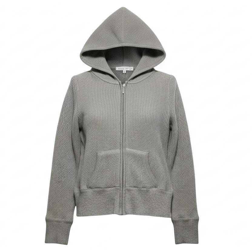 Waffle Knit Zip Front Hooded Cardigan Sweater By Vince In Grey, Size: L