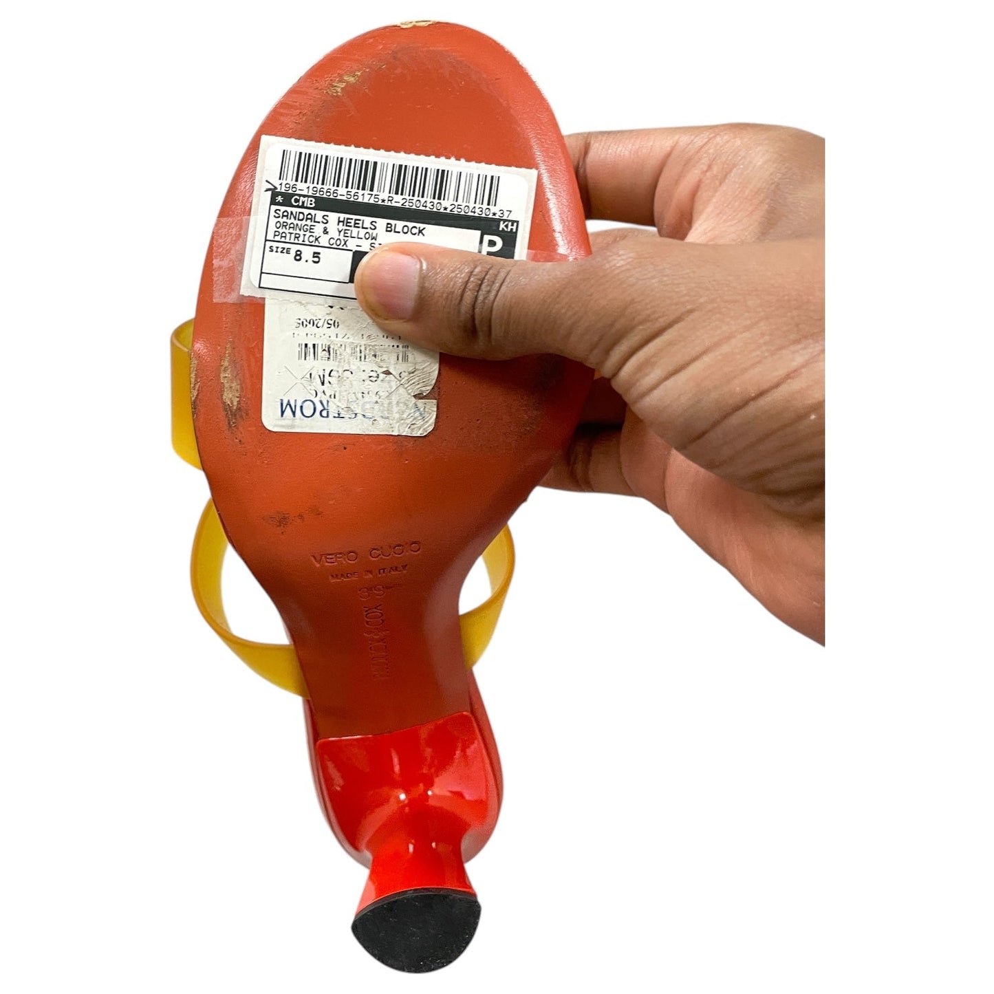 SANDALS HEELS BLOCK by  Patrick Cox In ORANGE & YELLOW, Size: 8.5