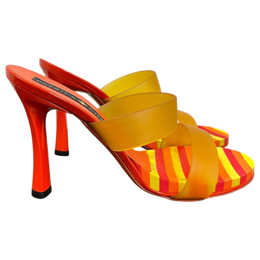 SANDALS HEELS BLOCK by  Patrick Cox In ORANGE & YELLOW, Size: 8.5