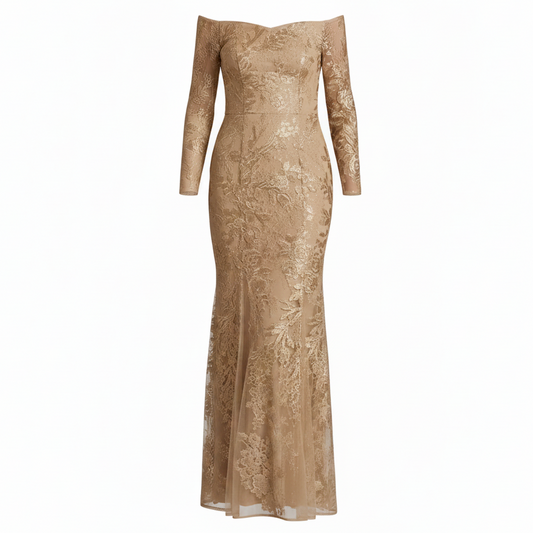 Embellished Lace Dress Party Long By Oleg Cassini In Gold, Size: 16
